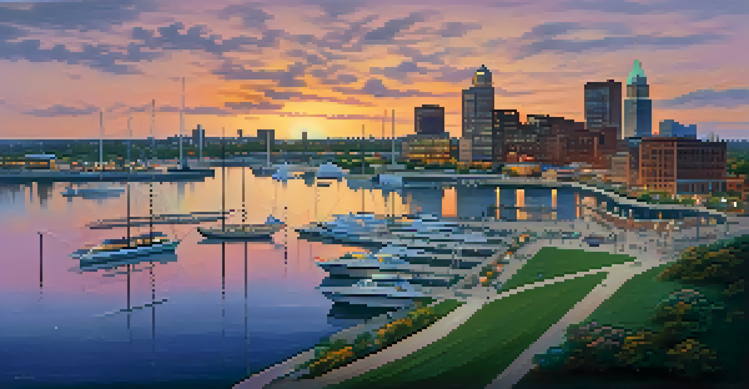 An aerial view of Buffalo's waterfront with boats at the marina and a sunset casting colors in the sky, with city skyline in the background.