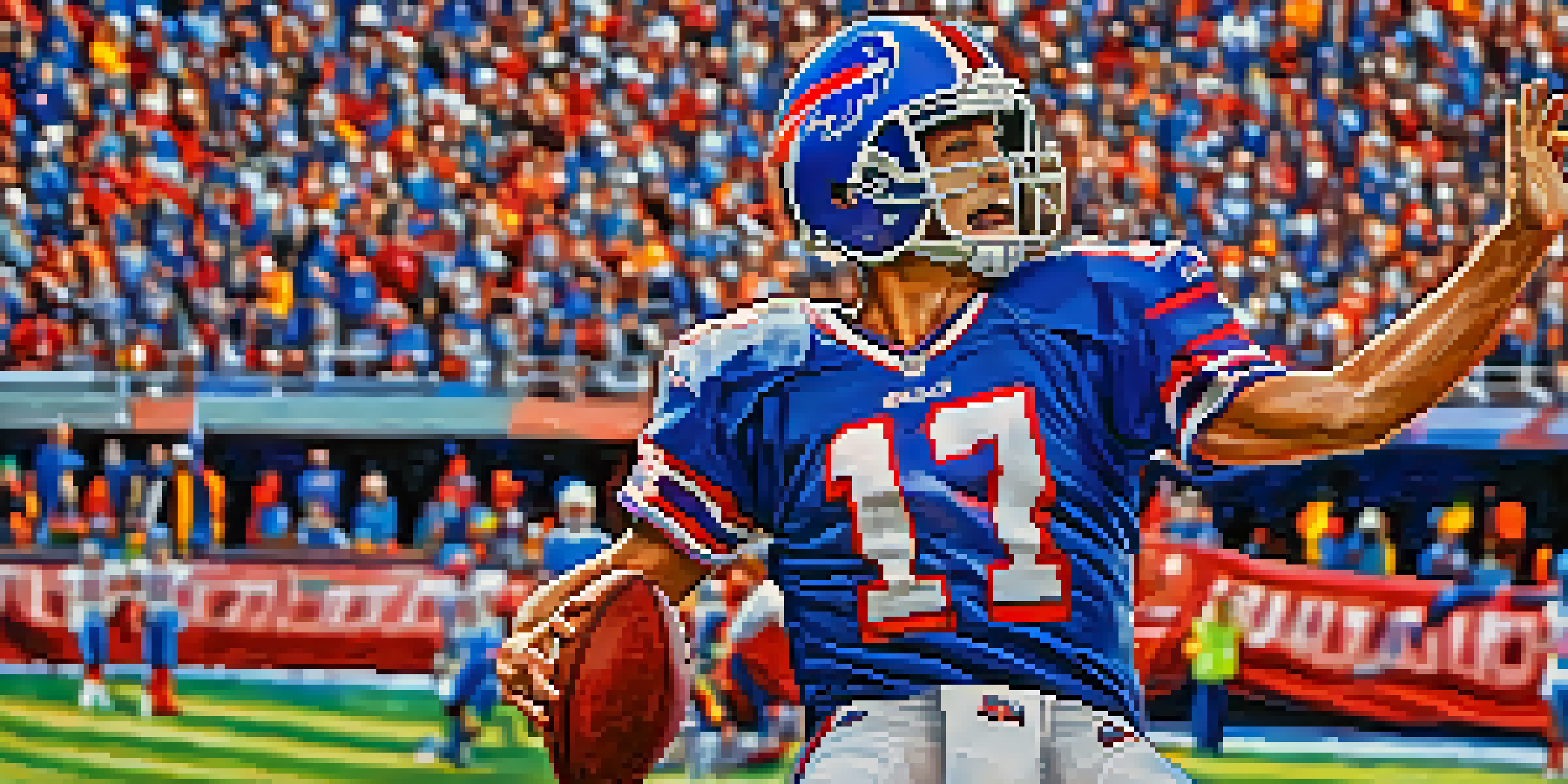 A quarterback in a blue and red uniform throwing a football in a vibrant stadium filled with cheering fans.