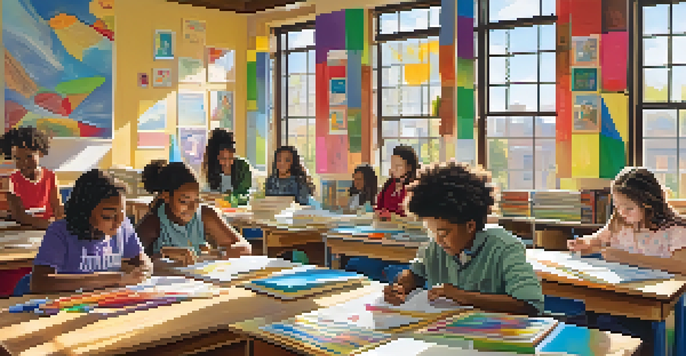 A diverse group of students in a bright classroom, working together on art and learning activities.