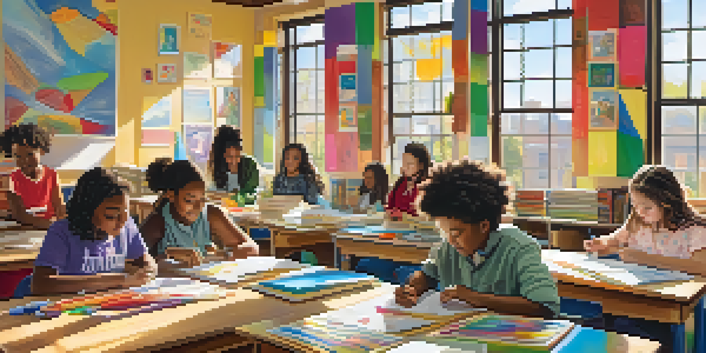 A diverse group of students in a bright classroom, working together on art and learning activities.