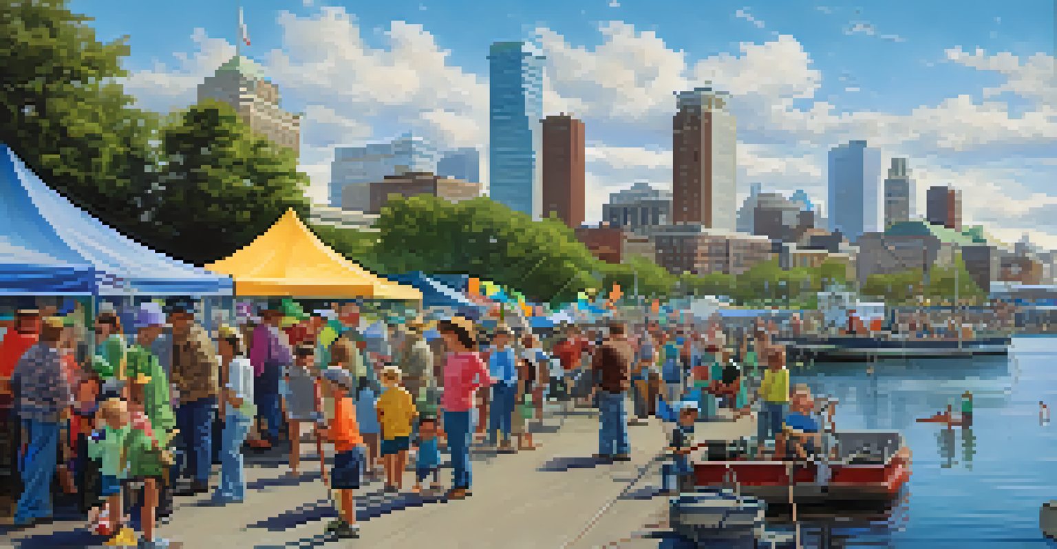 A lively community fishing festival at a pier in Buffalo, with families, tents, and the city skyline in the background.