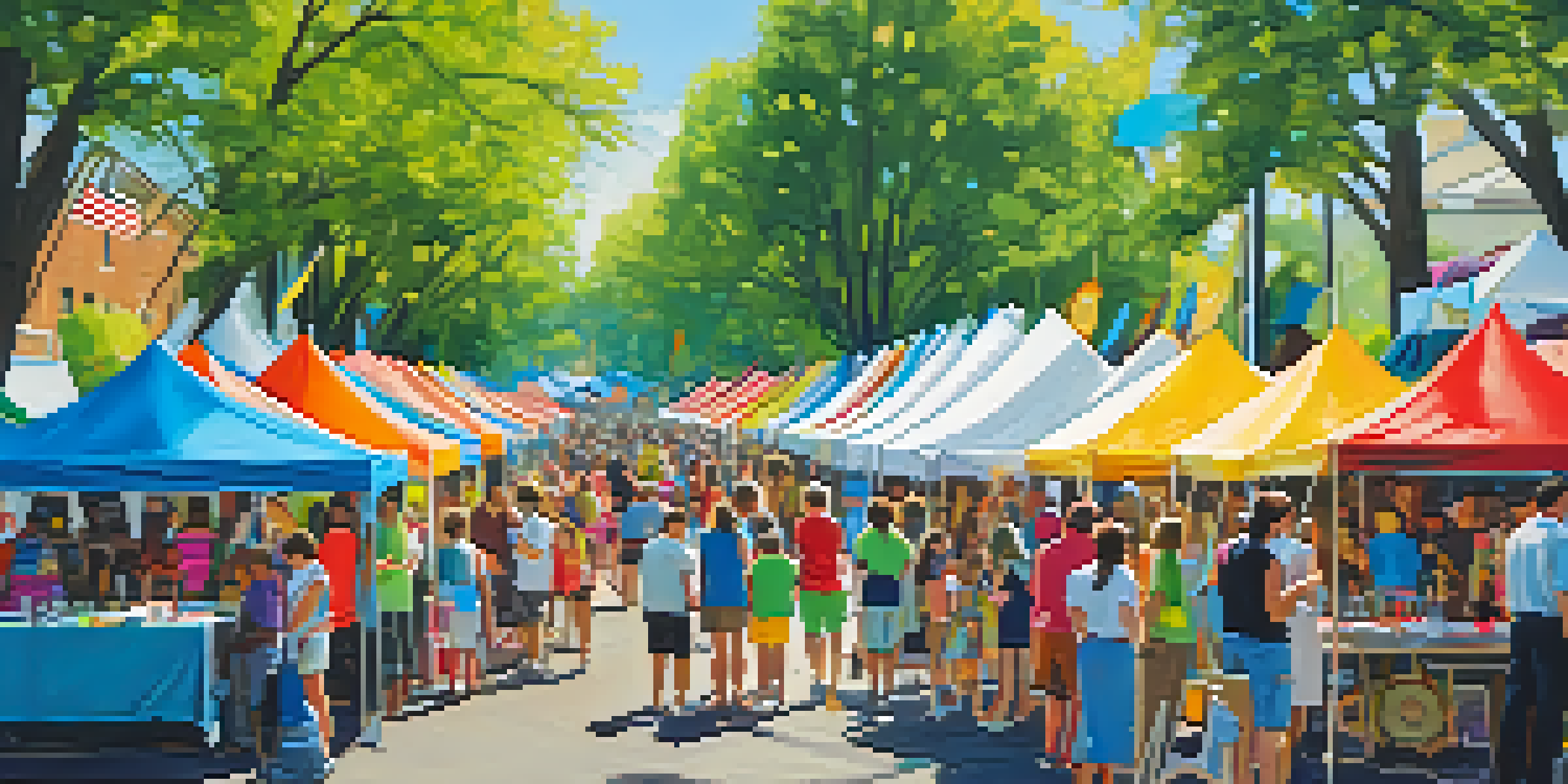 A lively outdoor art festival featuring young artists at work, with families enjoying the atmosphere amidst green trees and colorful banners.