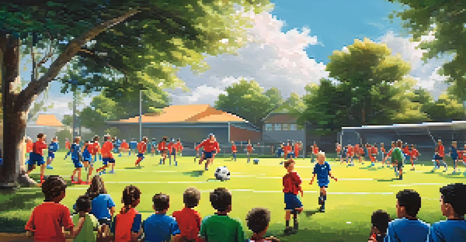 Children practicing soccer on a sunny field, with a coach and vibrant jerseys.