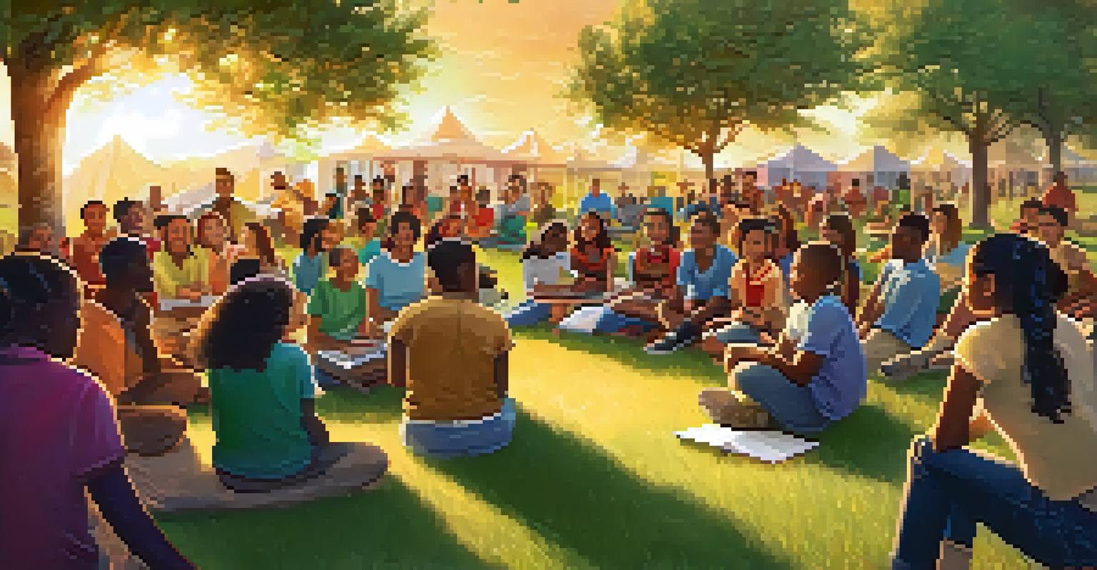 A community forum with educational leaders, parents, and students sitting in a circle, engaged in discussions outdoors.