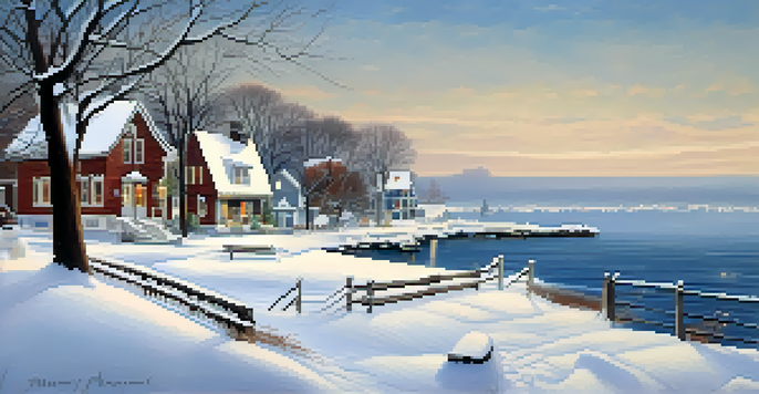 A winter landscape featuring Lake Erie with snow-covered trees and quaint houses in a soft snowfall.