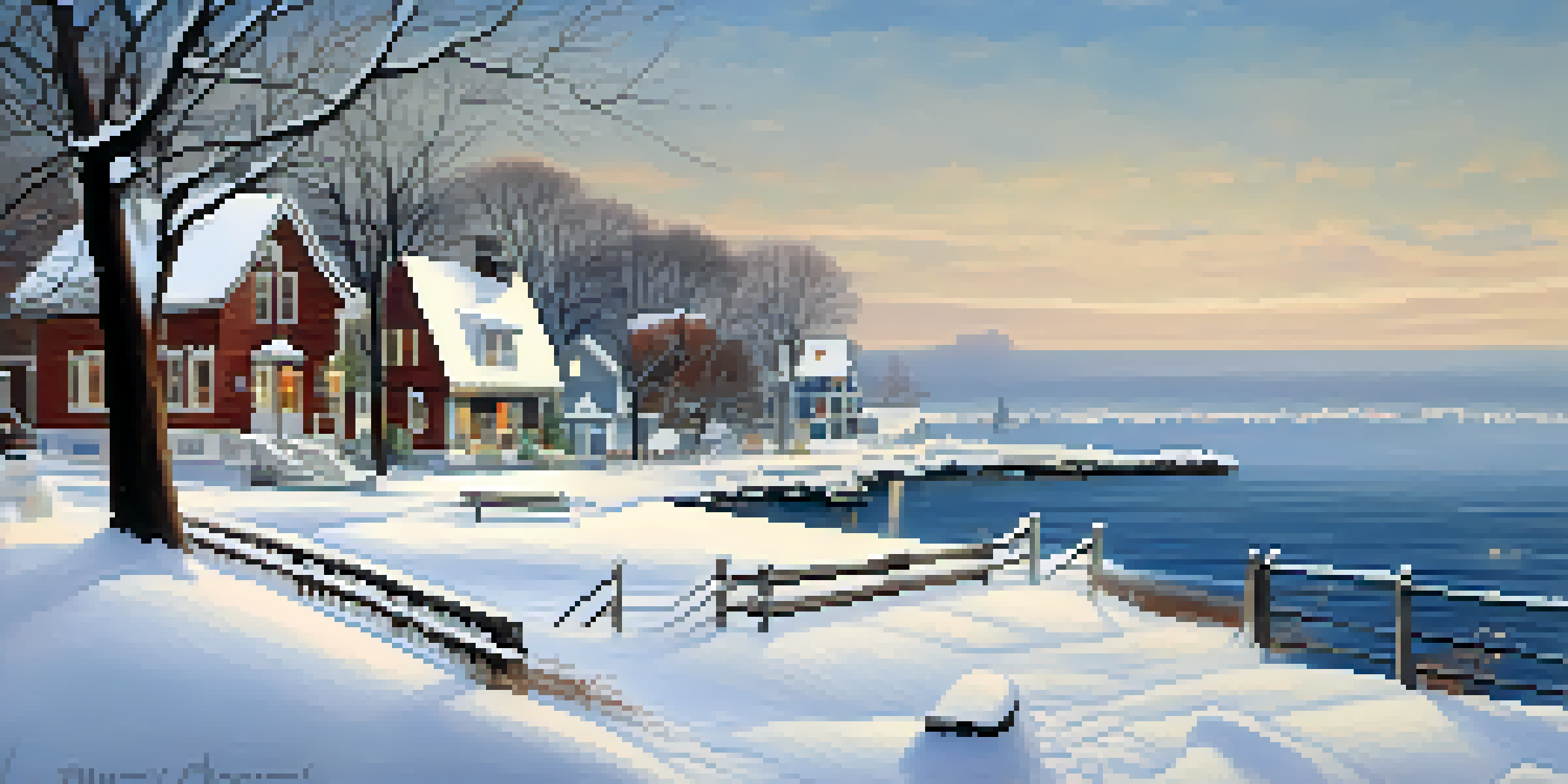 A winter landscape featuring Lake Erie with snow-covered trees and quaint houses in a soft snowfall.