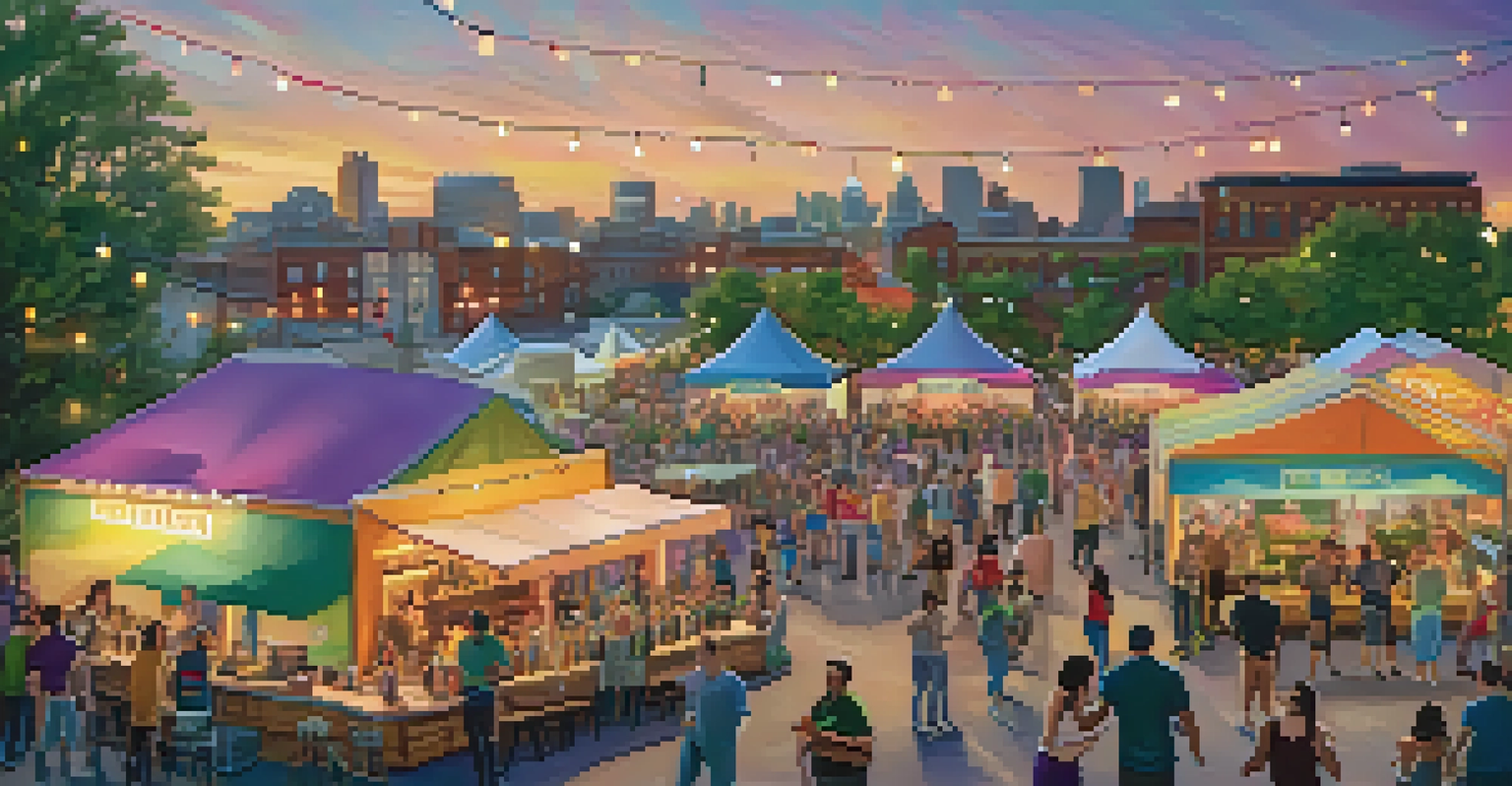 A vibrant outdoor brewery festival with tents, food trucks, and people enjoying craft beers, surrounded by greenery and fairy lights.