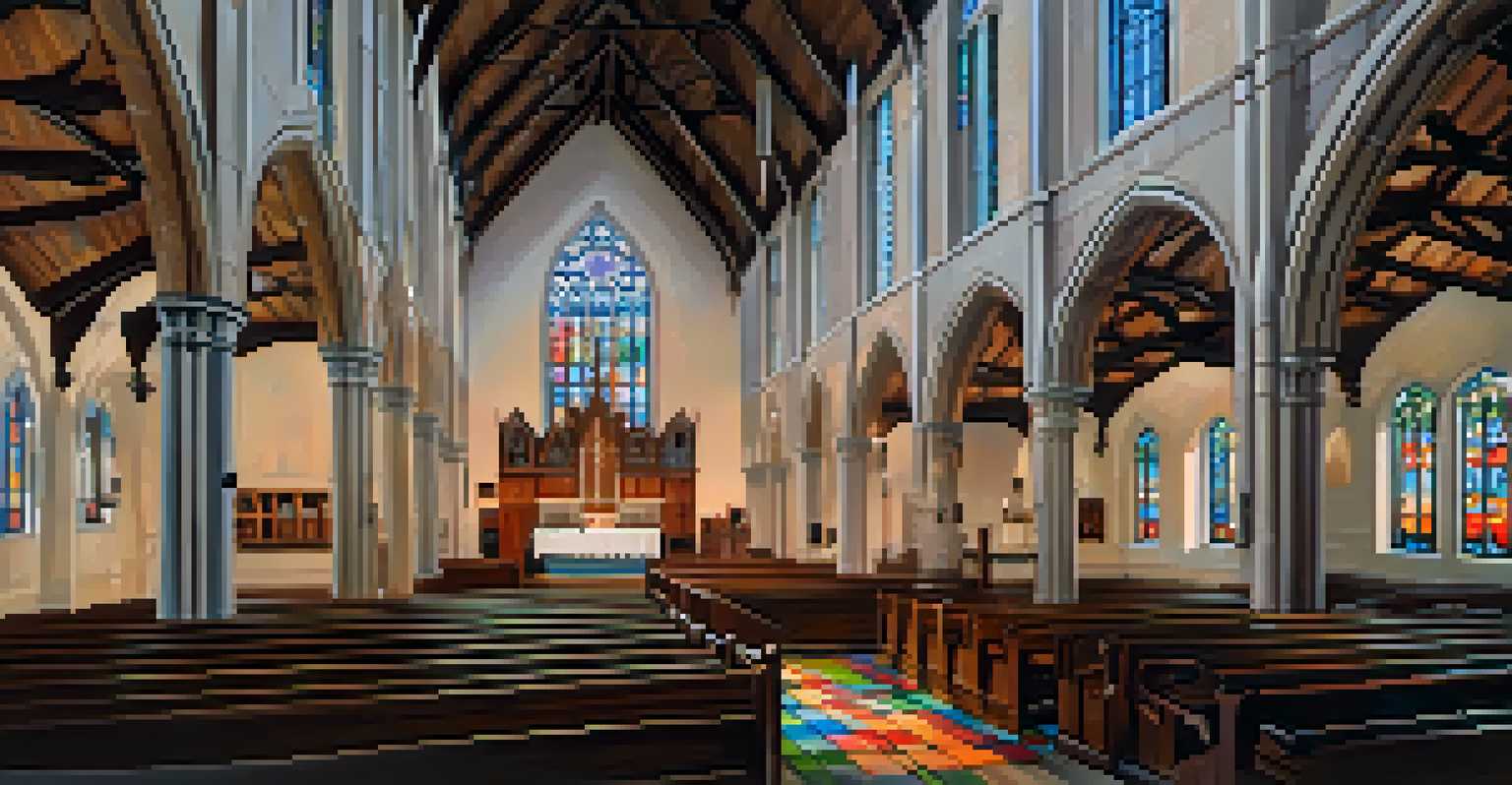 Interior of First Presbyterian Church showcasing high vaulted ceilings and stained glass windows casting colorful light onto wooden pews.