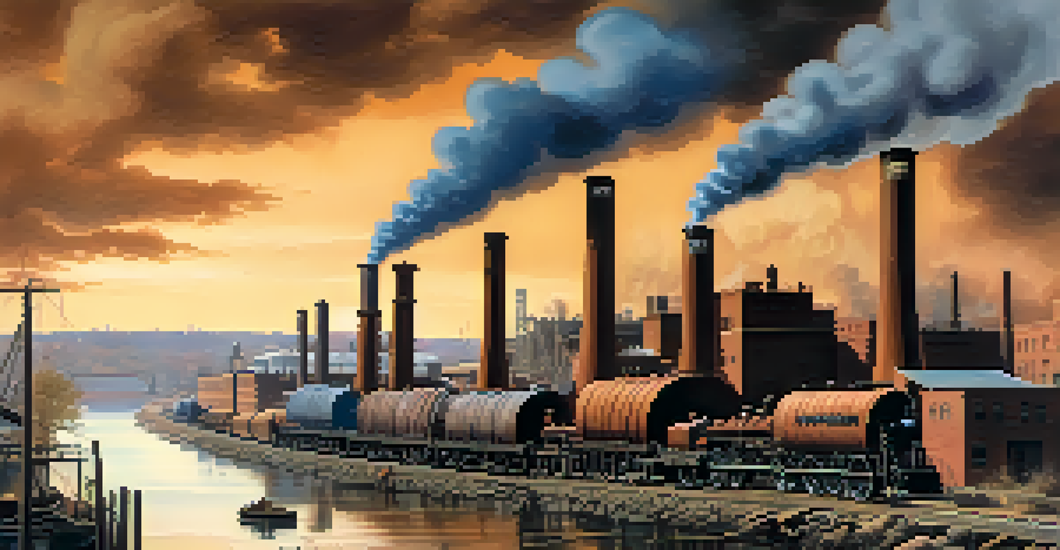 An artistic collage representing Buffalo's industrial boom, highlighting factories, steam machinery, and the Erie Canal in a rich color palette.