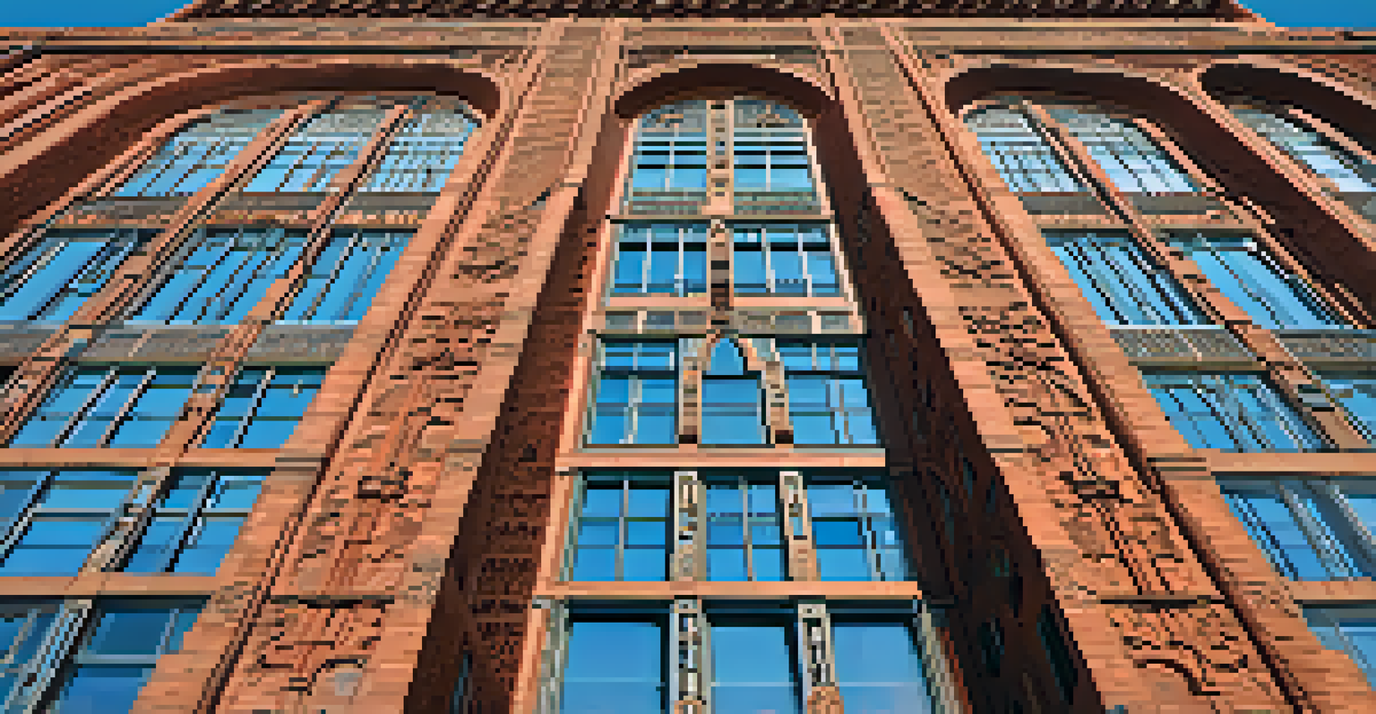A low-angle view of the Guaranty Building, emphasizing its terracotta facade against a clear sky.