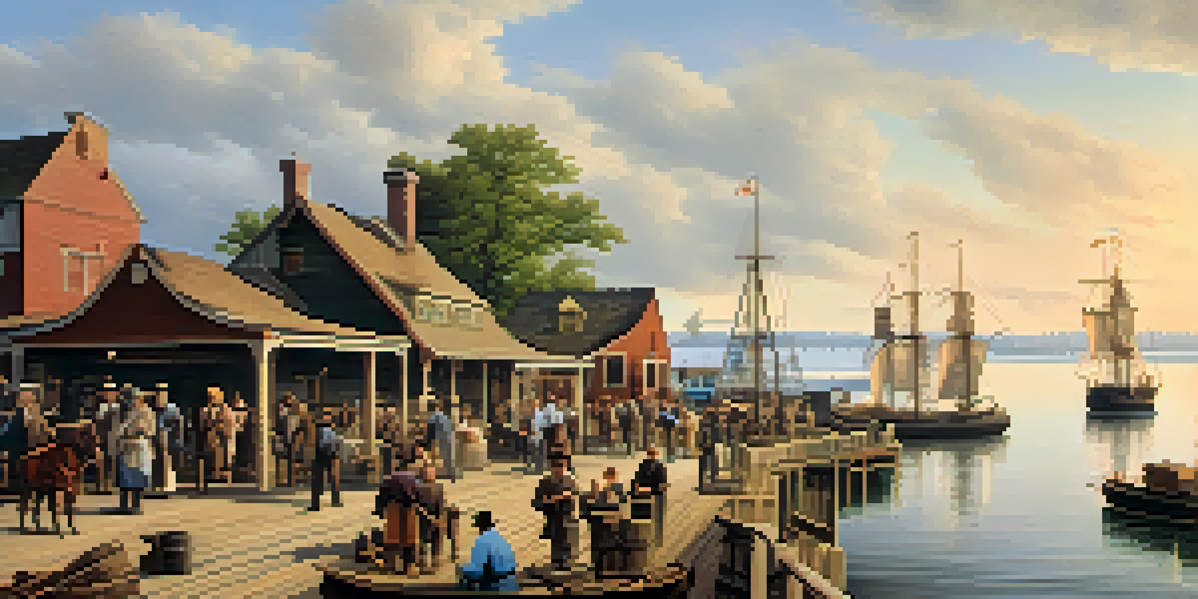 A historical scene of Buffalo's waterfront featuring merchants and settlers by Lake Erie with wooden ships and a scenic landscape.