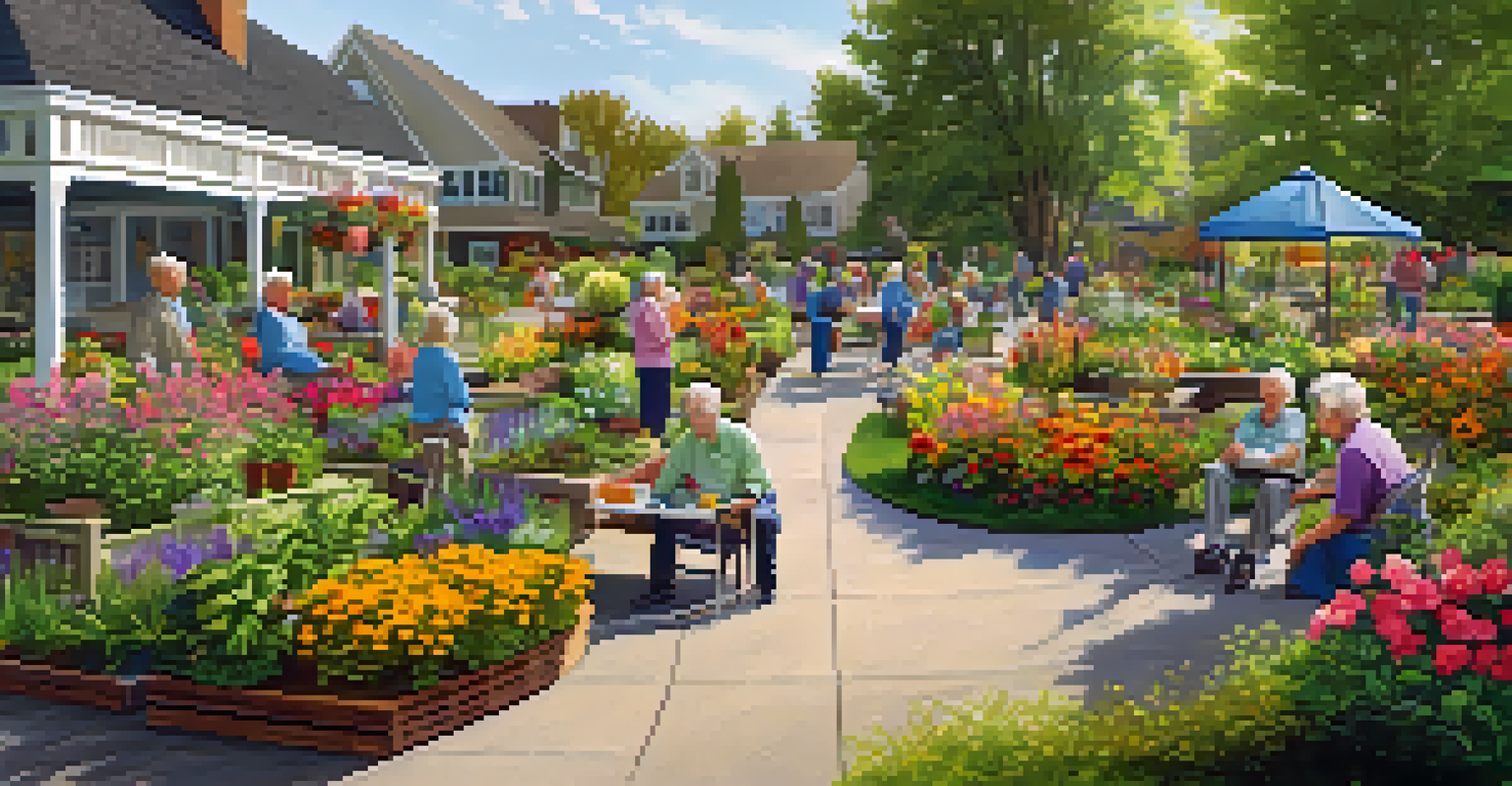 Seniors gardening in a vibrant outdoor community garden with flowers and pathways.