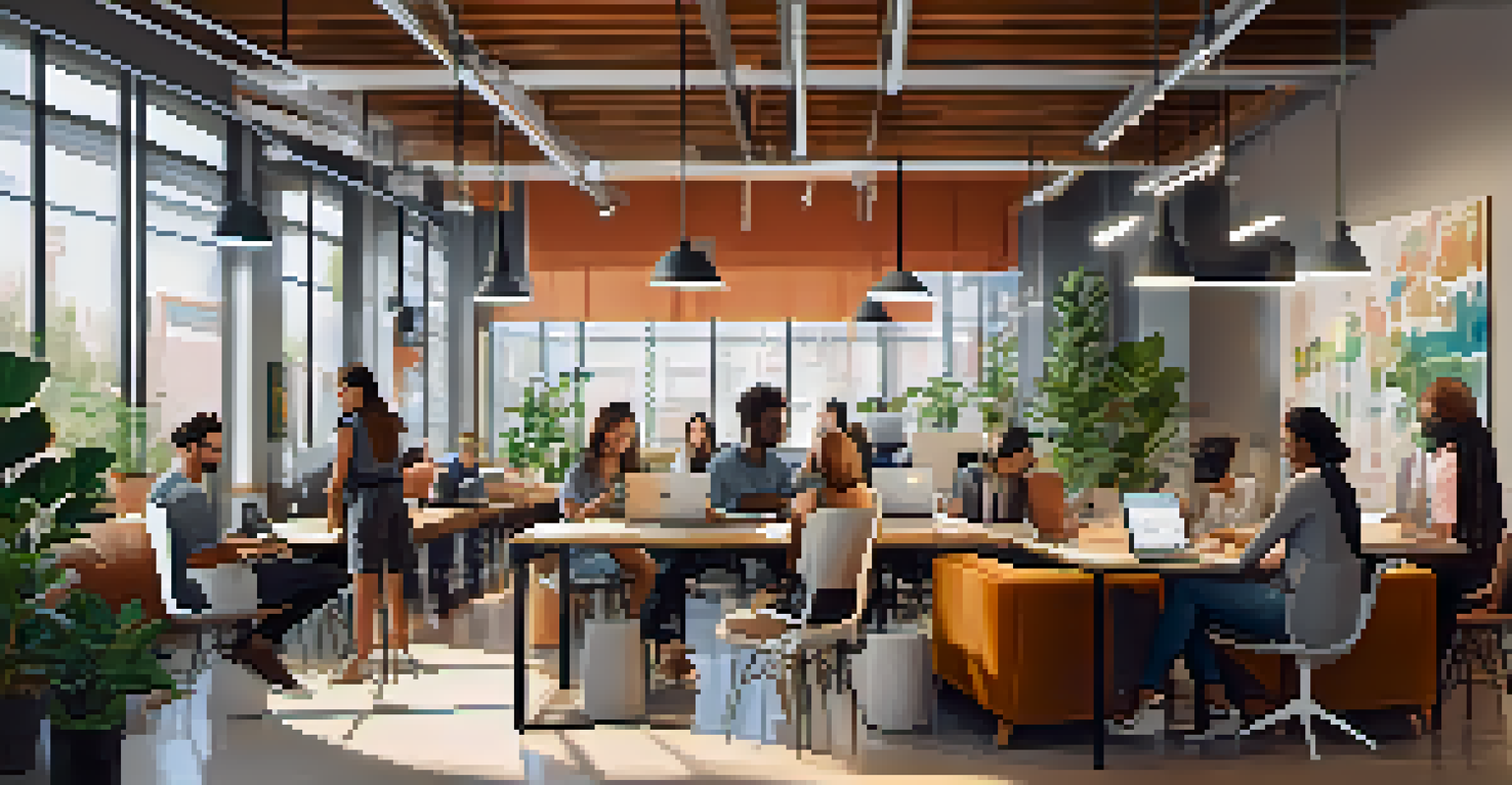A co-working space in Buffalo with diverse gig workers collaborating and working on laptops in a bright, modern environment.