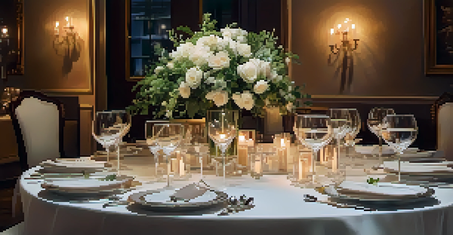An elegantly set fine dining table with gourmet dishes, wine glasses, and candlelight.