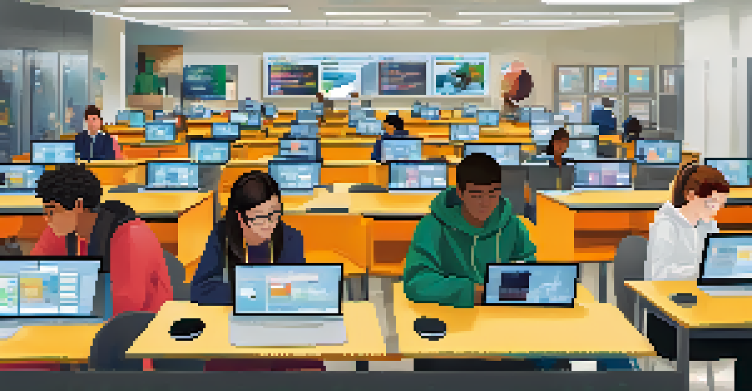 Students in a computer lab focused on digital literacy, researching online with infographics about online safety on the walls, creating a collaborative atmosphere.