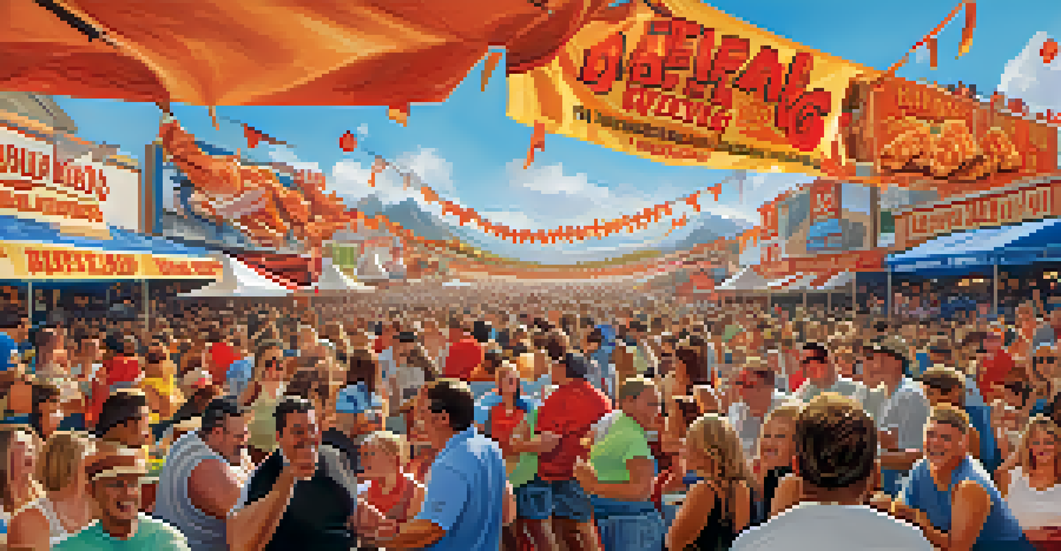 Contestants participating in a wing-eating contest at the Buffalo Wing Festival, with cheering spectators and food stalls around.