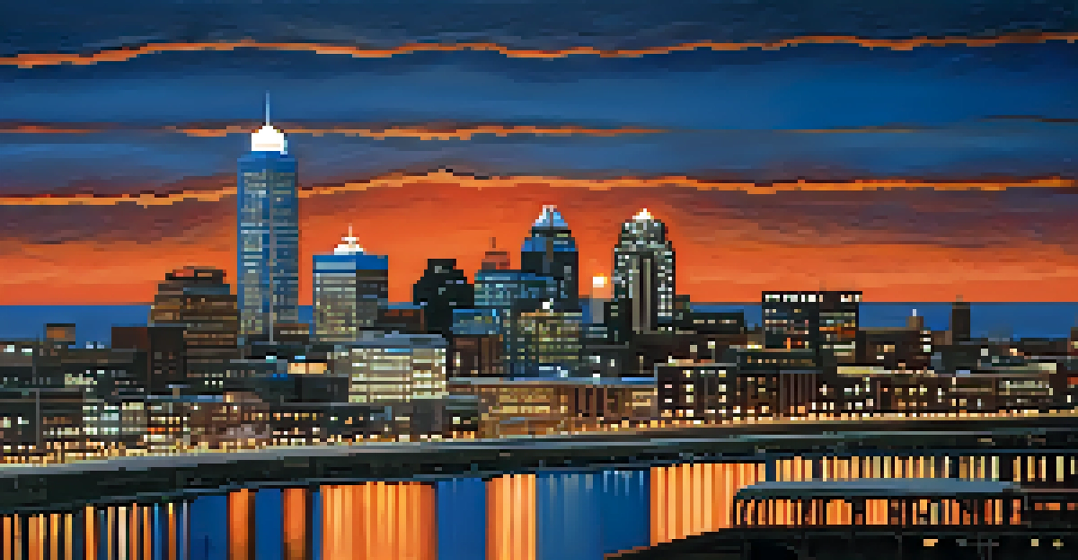 A picturesque dusk skyline of Buffalo, featuring twinkling city lights and subtle representations of the Buffalo Bills and Sabres logos against a colorful sky.