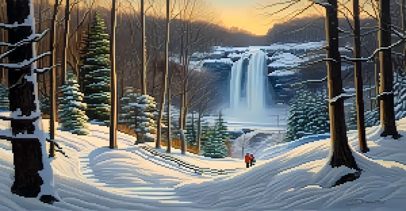 A snowy landscape in Chestnut Ridge Park with families sledding and a waterfall with a flame in the background.