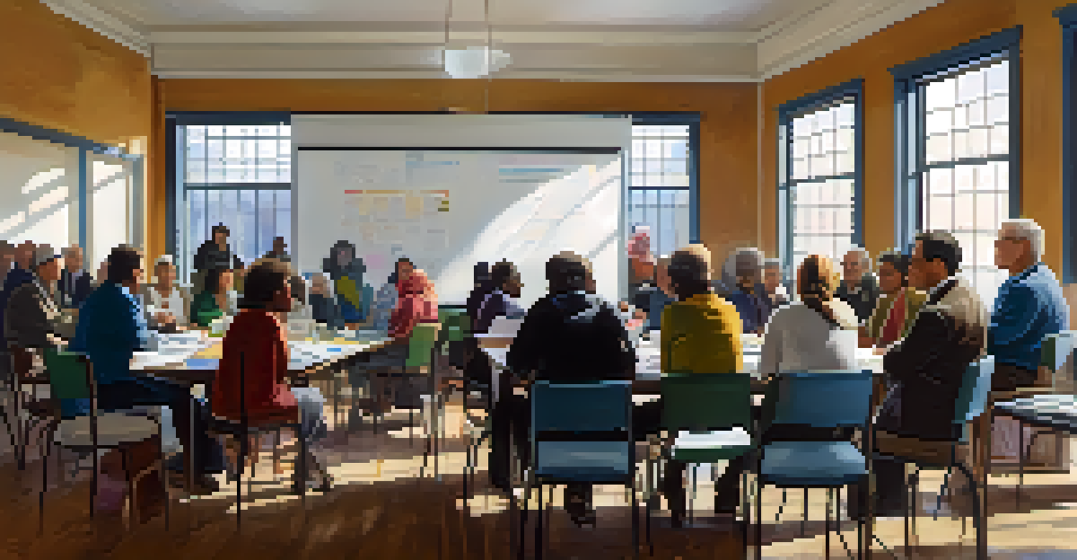 A community meeting in Buffalo with residents discussing trade policies around a table, with a whiteboard filled with notes.