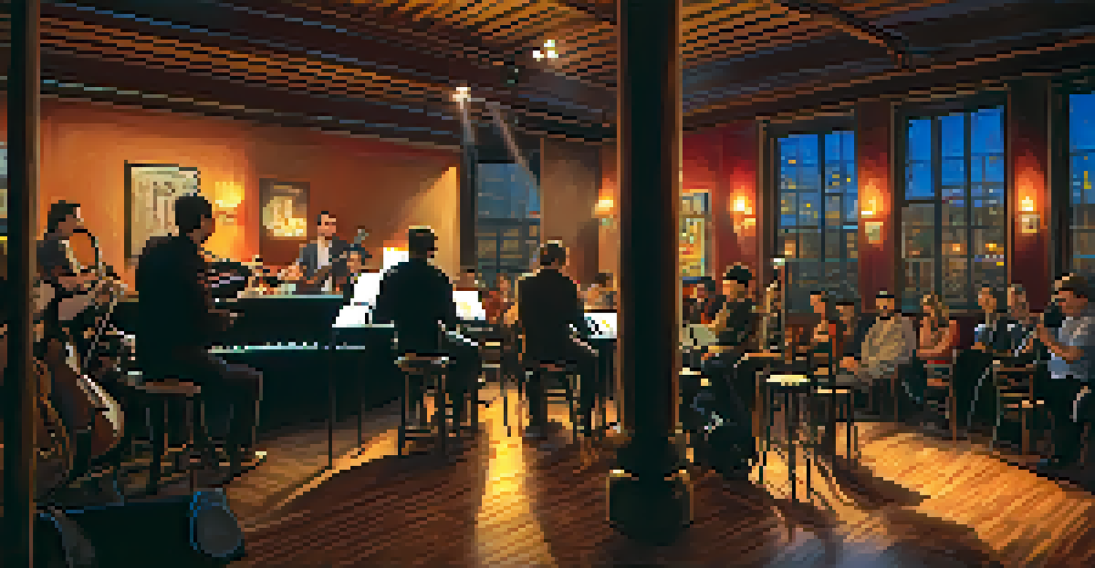 A cozy indoor music venue in Buffalo with a band performing on stage and an engaged audience enjoying the show in a warm-lit setting.