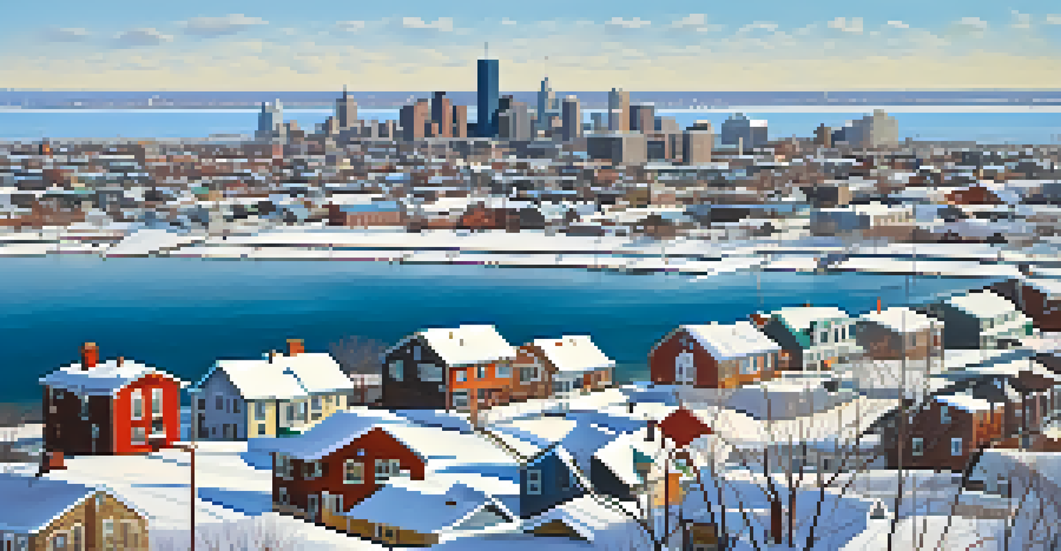 Aerial view of Buffalo in winter with snow-covered rooftops and the icy shores of Lake Erie.