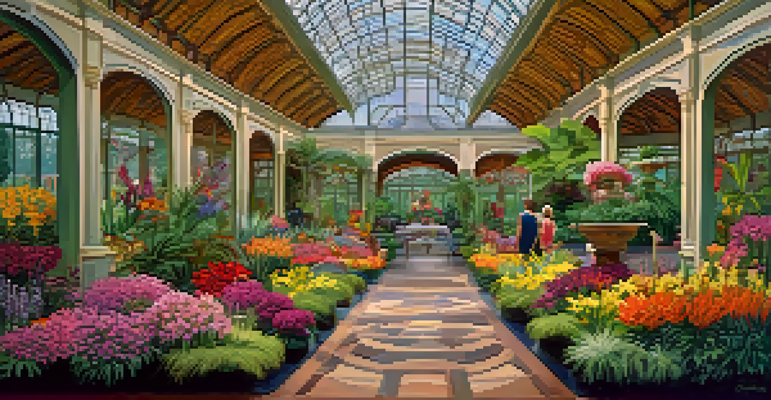 An indoor view of the Buffalo Botanical Gardens filled with colorful flowers during the Flower Show, with visitors enjoying the displays.