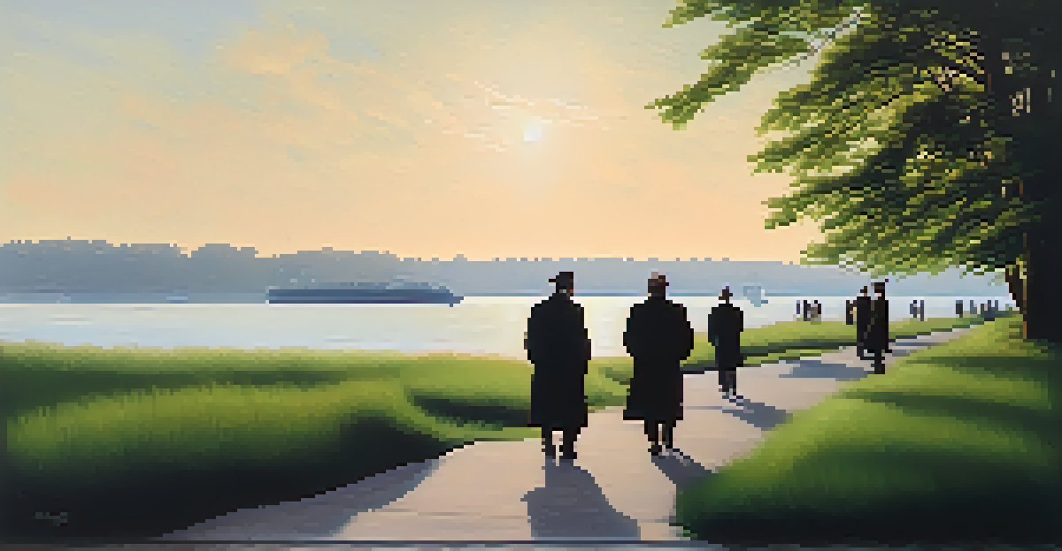 A peaceful landscape of Buffalo with abolitionists and escaped individuals planning their journey to freedom near the waterfront.