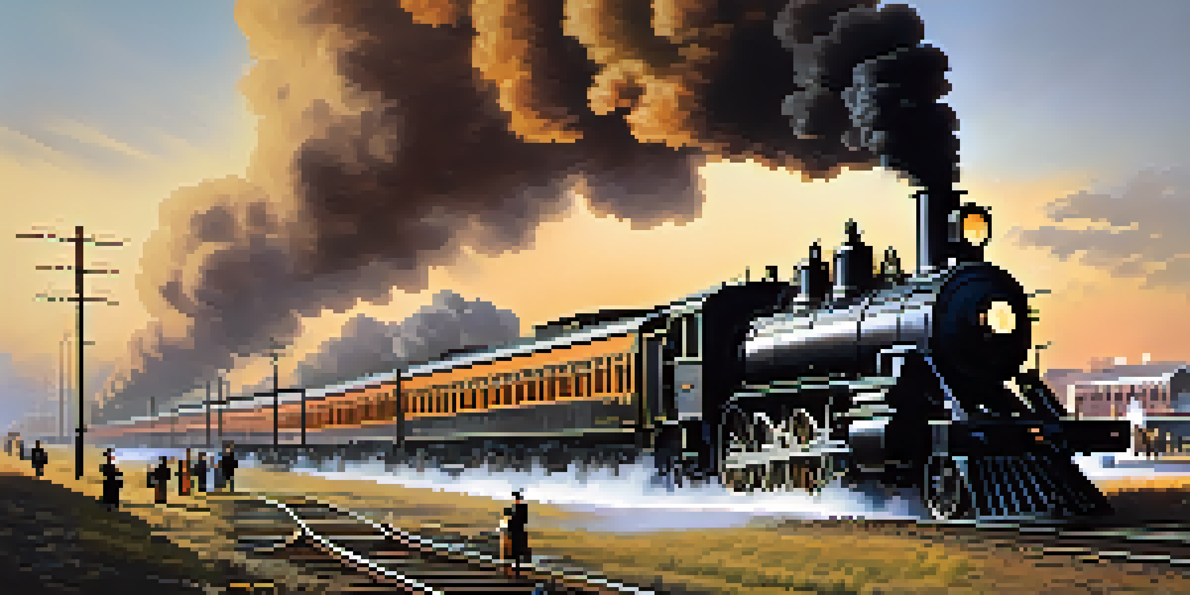 A historical scene showing steam locomotives and vintage trains at a Buffalo railway depot, with people dressed in 19th-century clothing and factories in the background.