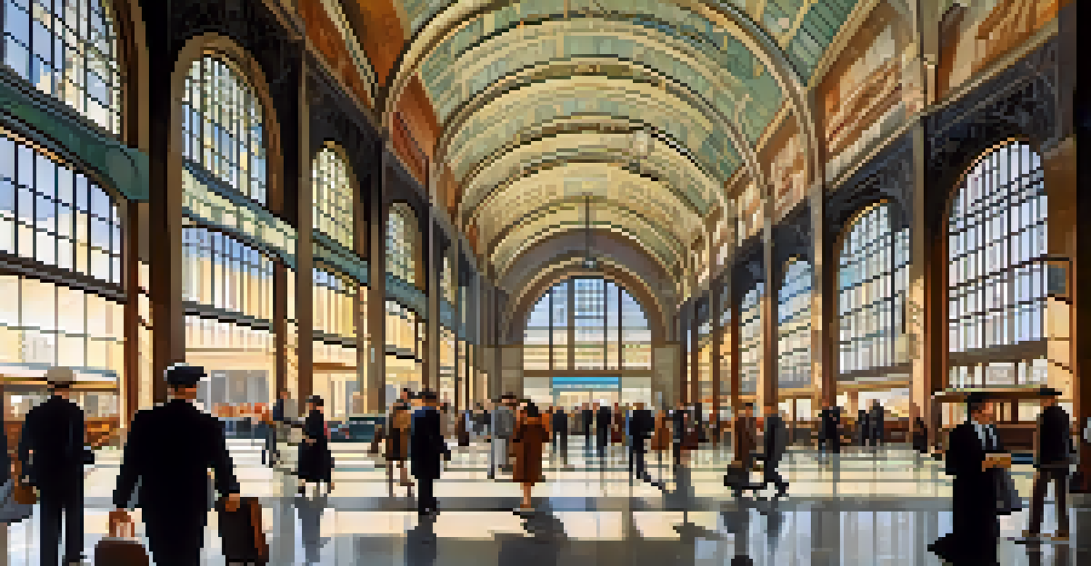 A busy interior of Buffalo's Central Terminal featuring Art Deco architecture, vaulted ceilings, and travelers in motion under soft morning light.