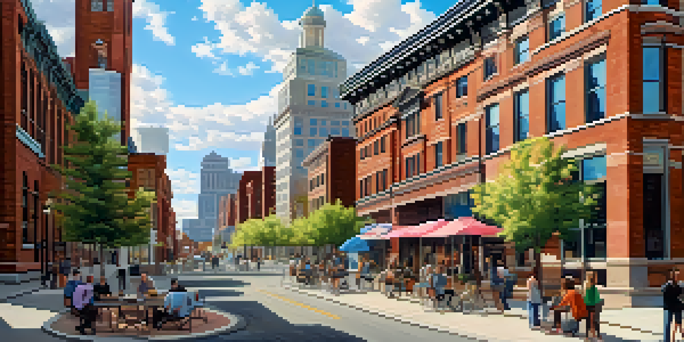 An urban scene in Buffalo featuring a blend of historic and modern architecture, with diverse people collaborating outside a tech incubator on a sunny day.