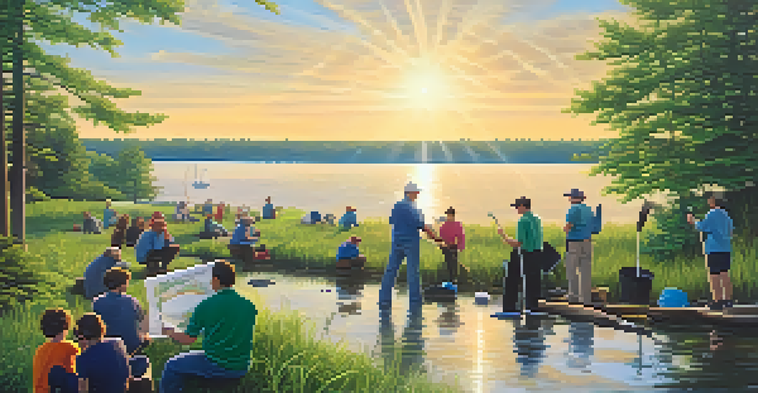 A peaceful Great Lakes shoreline with community members participating in a clean-up event, surrounded by greenery and sunlight.