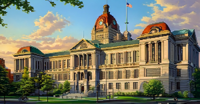 A tall architectural structure of Buffalo City Hall, intricately carved, bathed in golden sunset light, with greenery around.