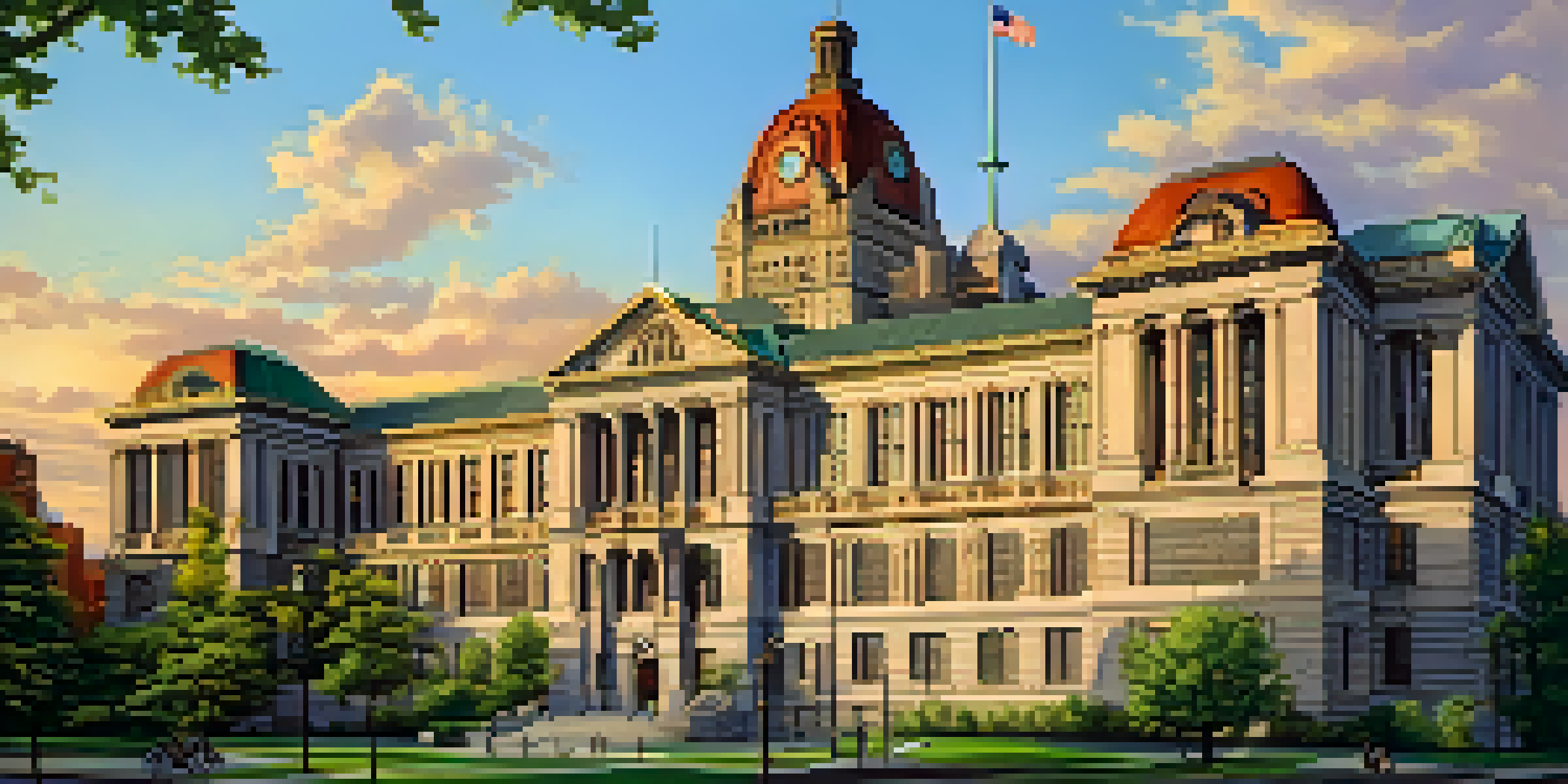 A tall architectural structure of Buffalo City Hall, intricately carved, bathed in golden sunset light, with greenery around.