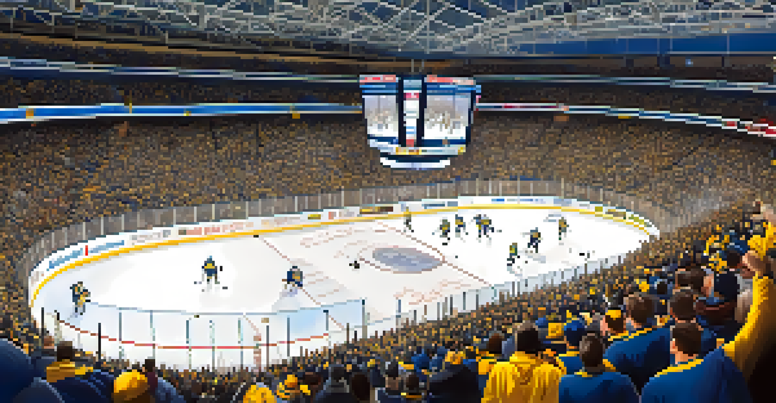 A wide shot of a crowded hockey arena with enthusiastic Sabres fans cheering, bright lights illuminating the ice rink and players in action.