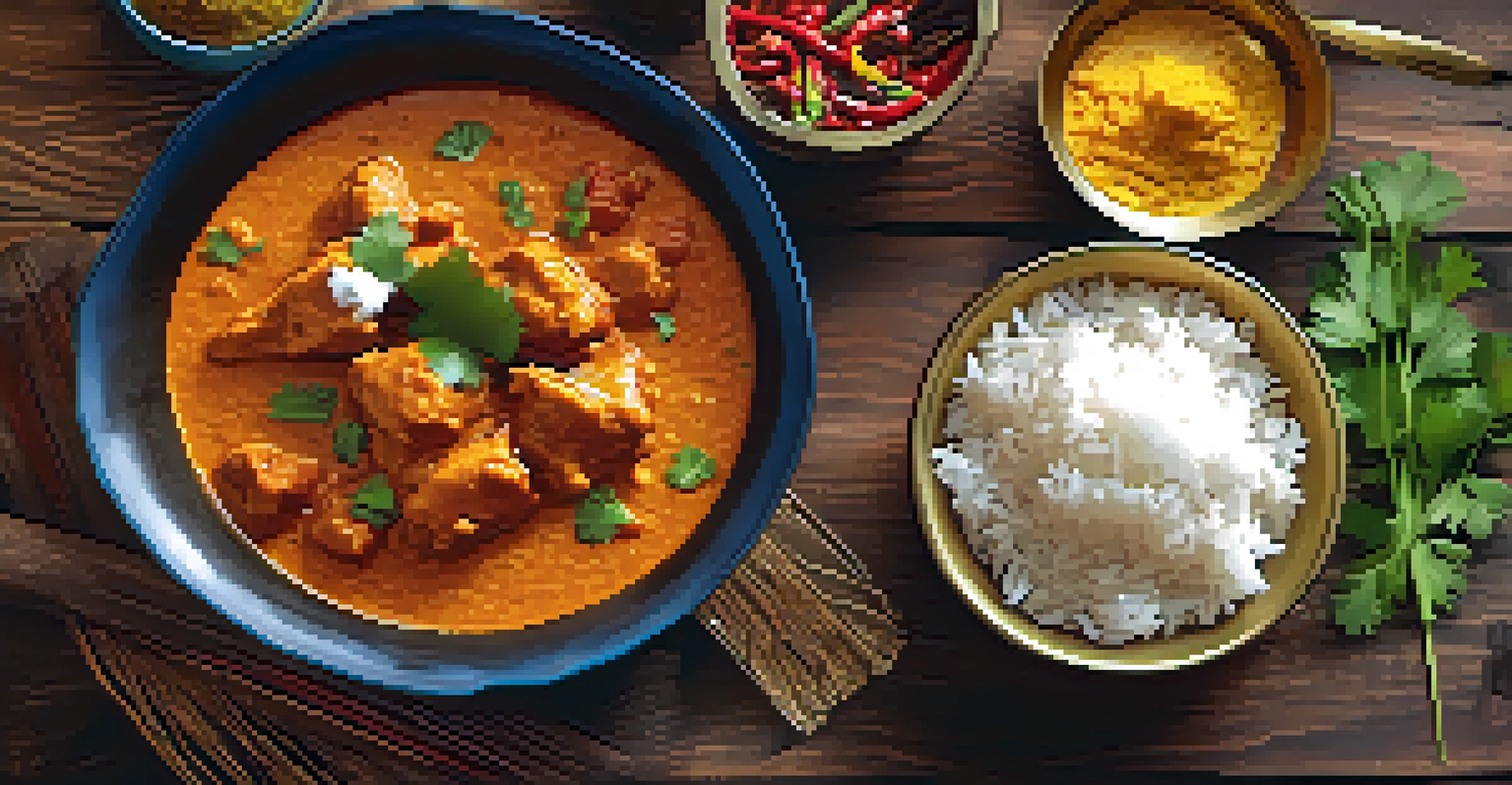 A plated Indian butter chicken dish with rice and colorful spices on a rustic wooden table.