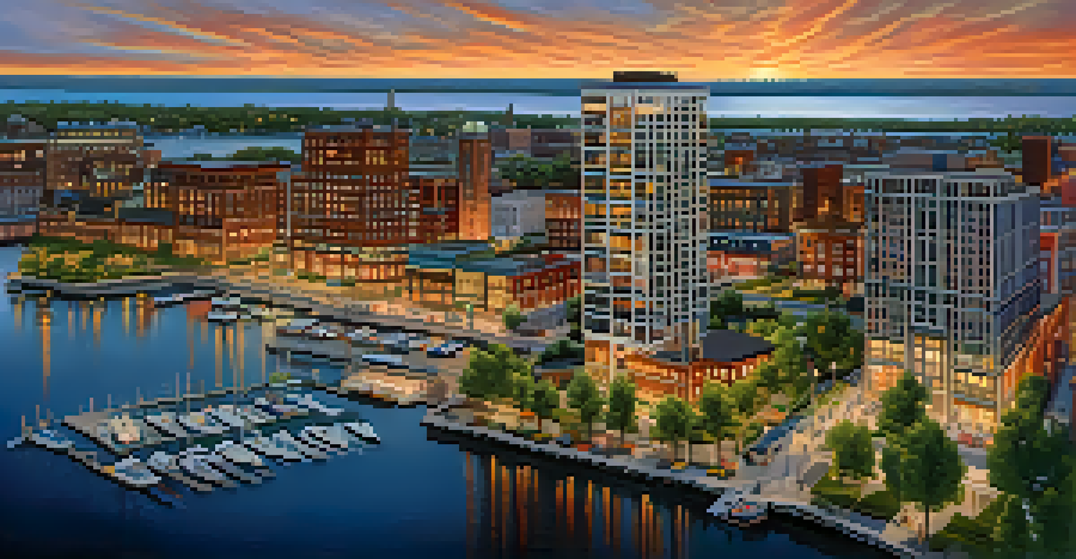 Aerial view of Buffalo's Waterfront District, showcasing modern buildings and waterfront activities during sunset.