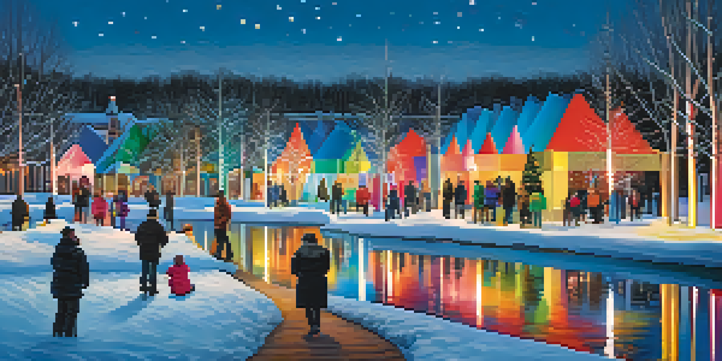 A lively winter festival scene with colorful light sculptures along a waterfront, featuring families enjoying the displays and twinkling lights reflecting on the water.