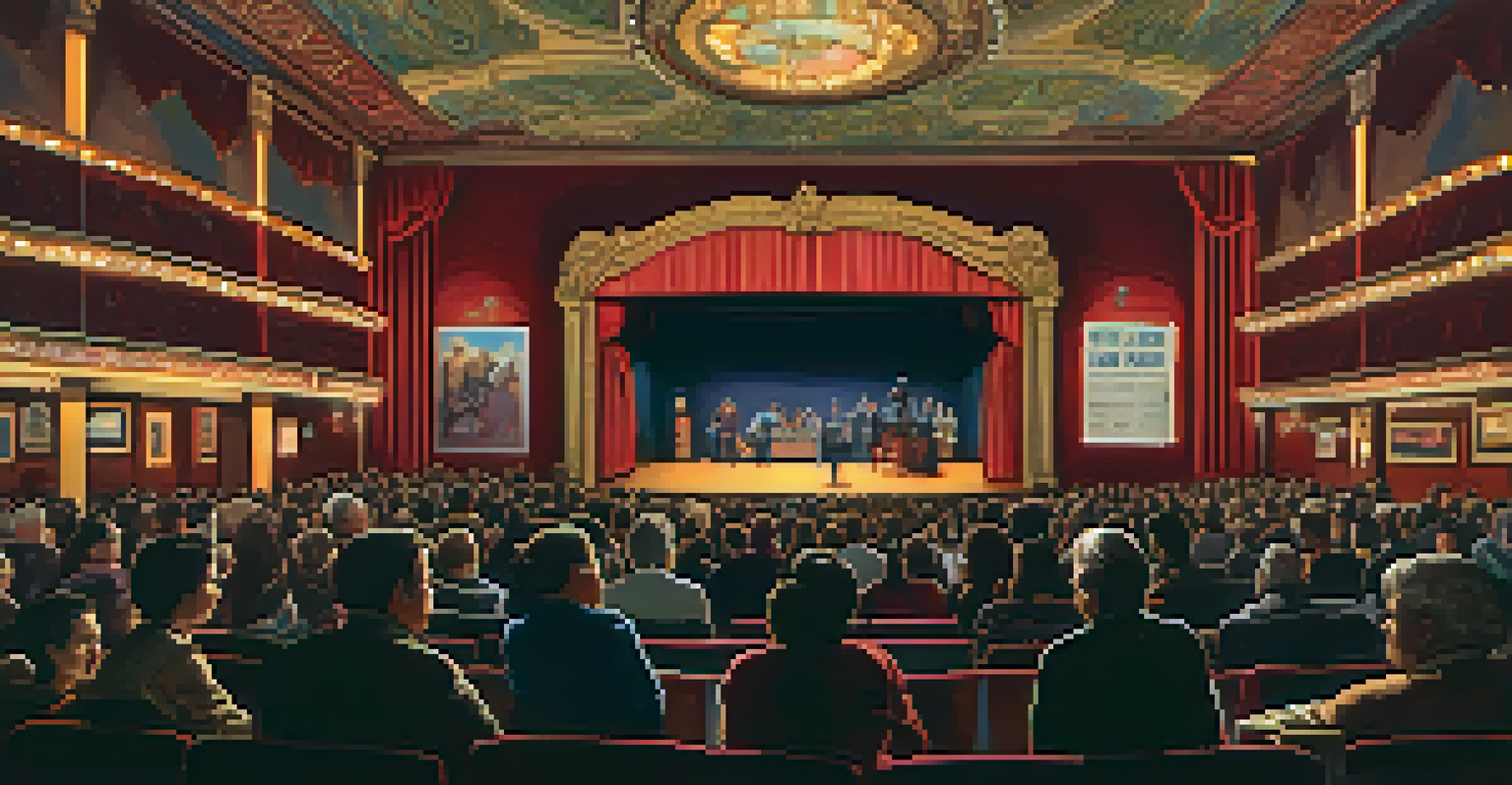 An intimate theater interior with a captivated audience watching a local performance.