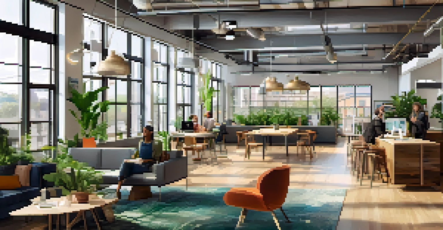 A bright and modern co-working space in Buffalo, showcasing people working together with plants and artwork in the background.