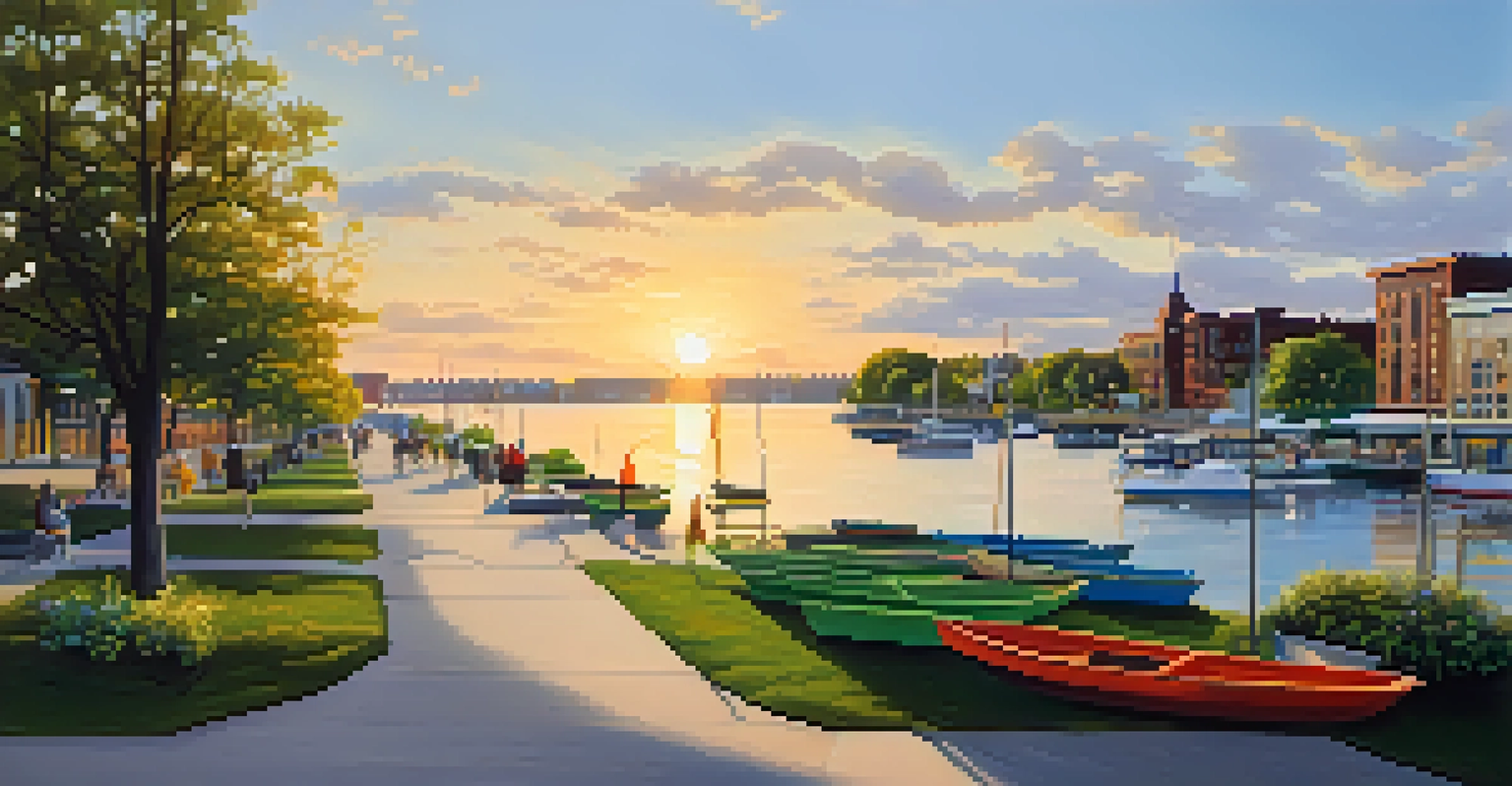 Serene view of Buffalo's revitalized waterfront with walking paths, greenery, art installations, and families enjoying the sunset.