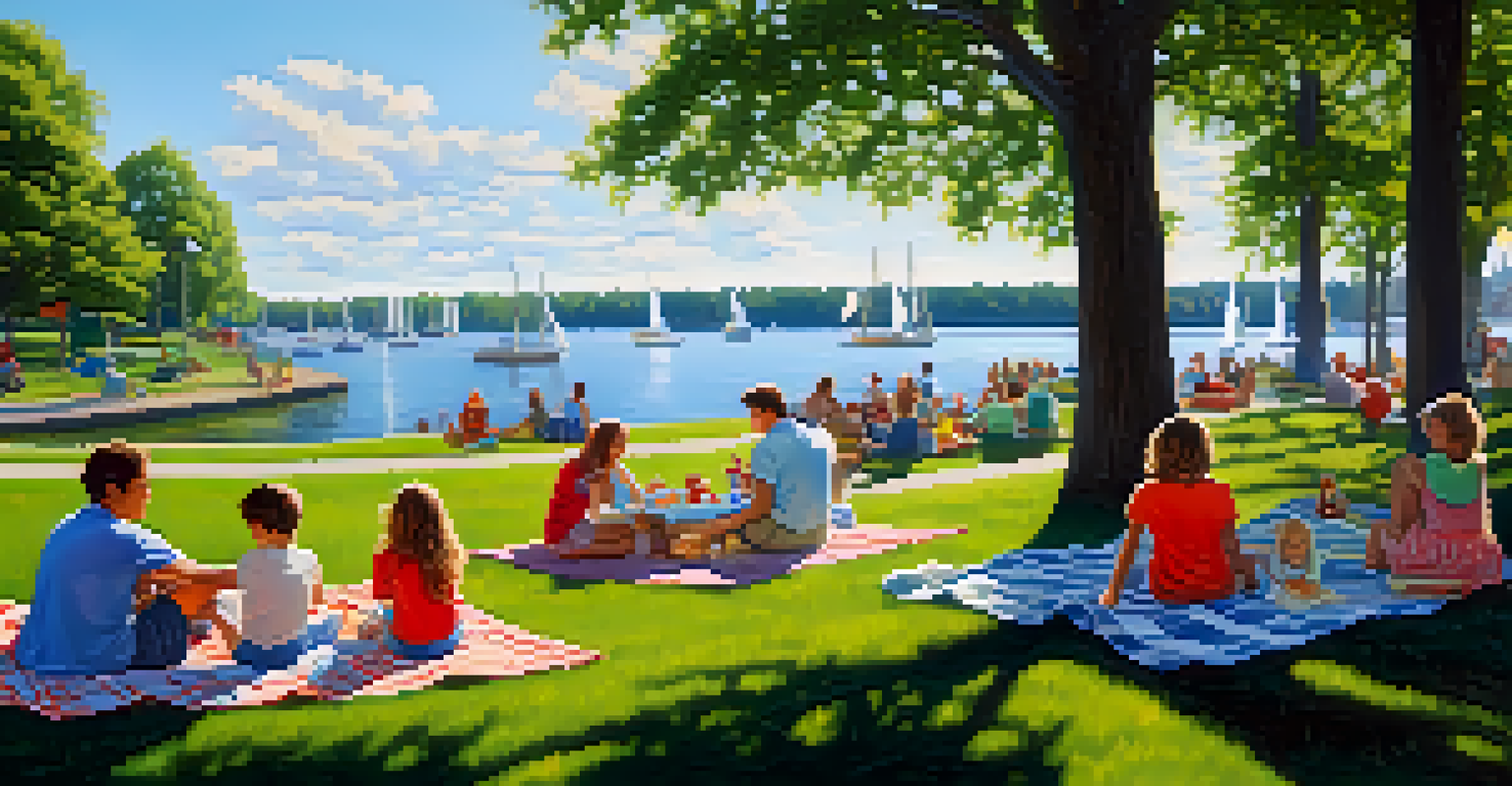 Families having picnics and children playing near Lake Erie on a sunny summer day.