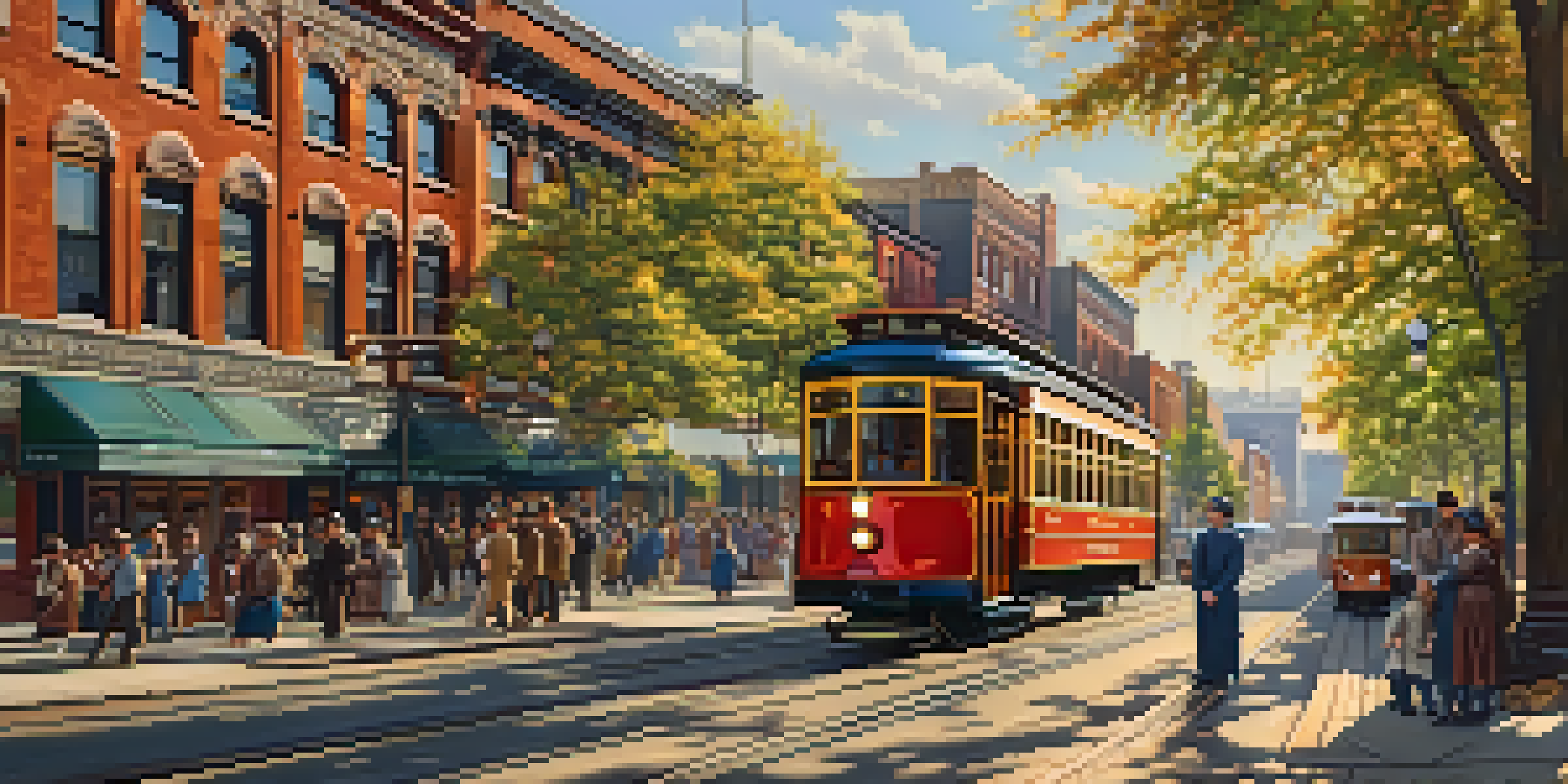 A historical scene depicting a busy Buffalo street with vintage streetcars, pedestrians in early 20th century clothing, and shops, illuminated by warm sunlight.