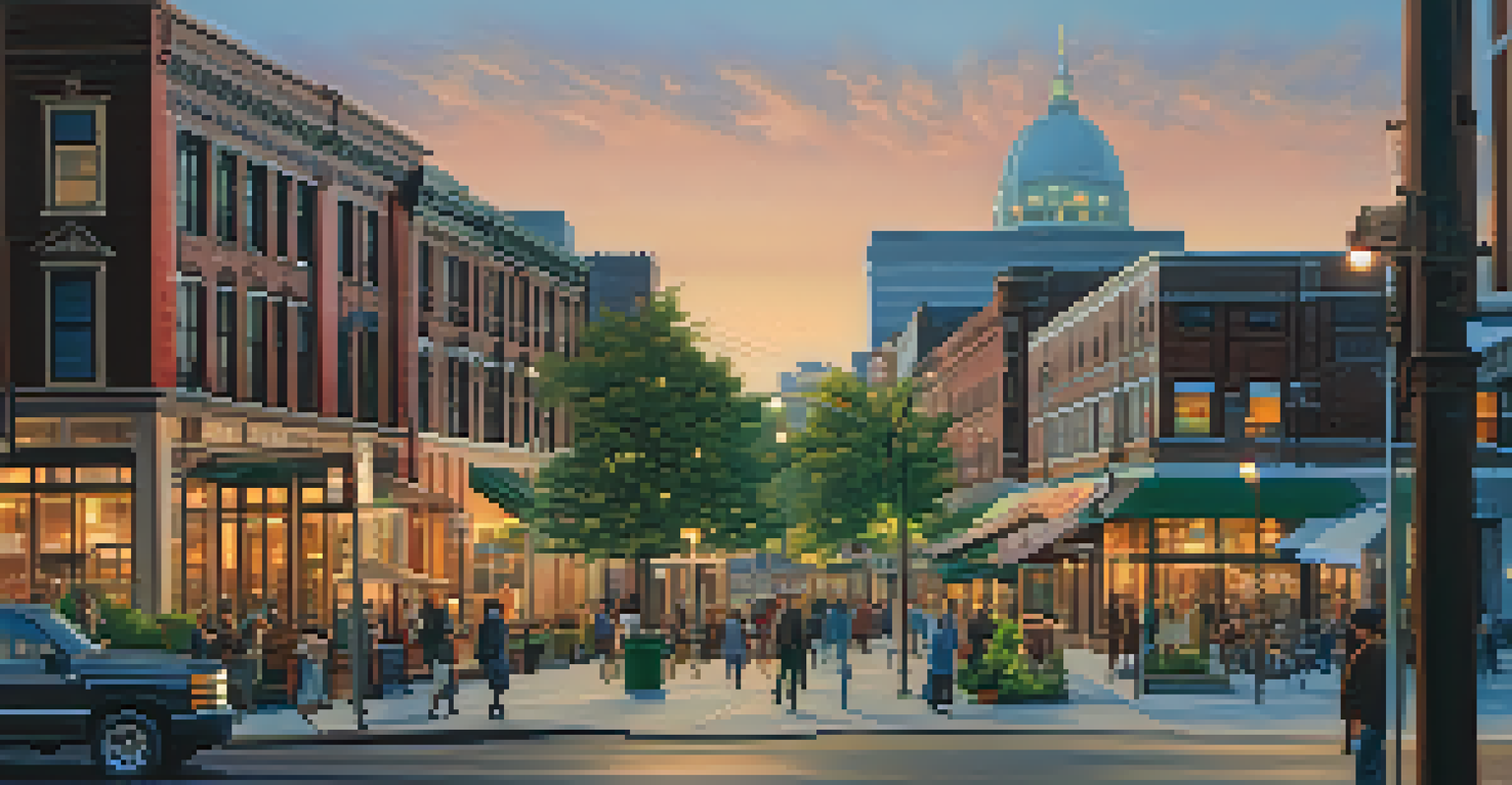 A contemporary view of downtown Buffalo featuring repurposed factories as art galleries and cafes, lit by evening lights.