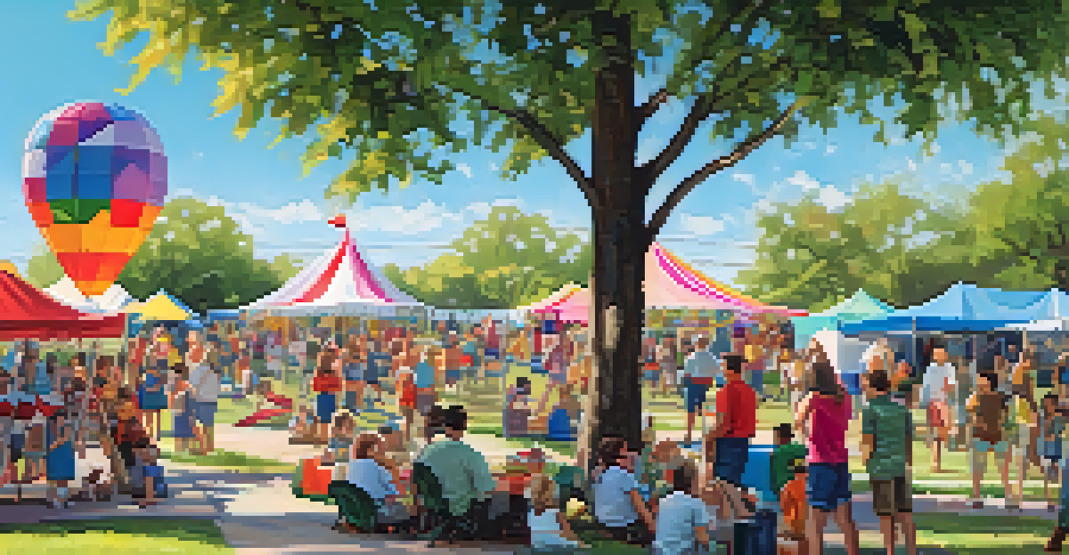 A lively outdoor community event with families enjoying picnics and children playing in a park, under a clear blue sky.