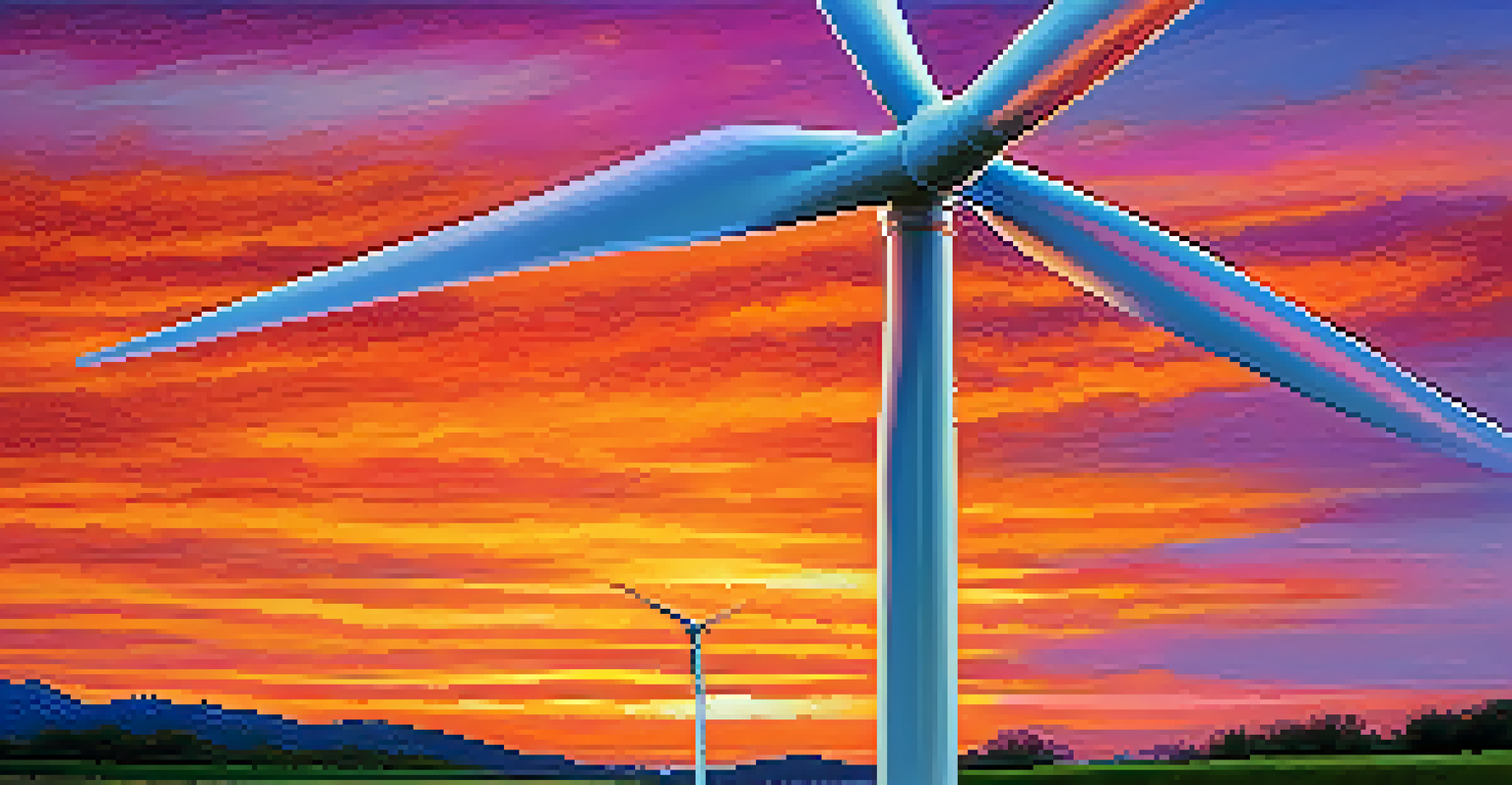 Close-up of a wind turbine blade during sunset with colorful sky.