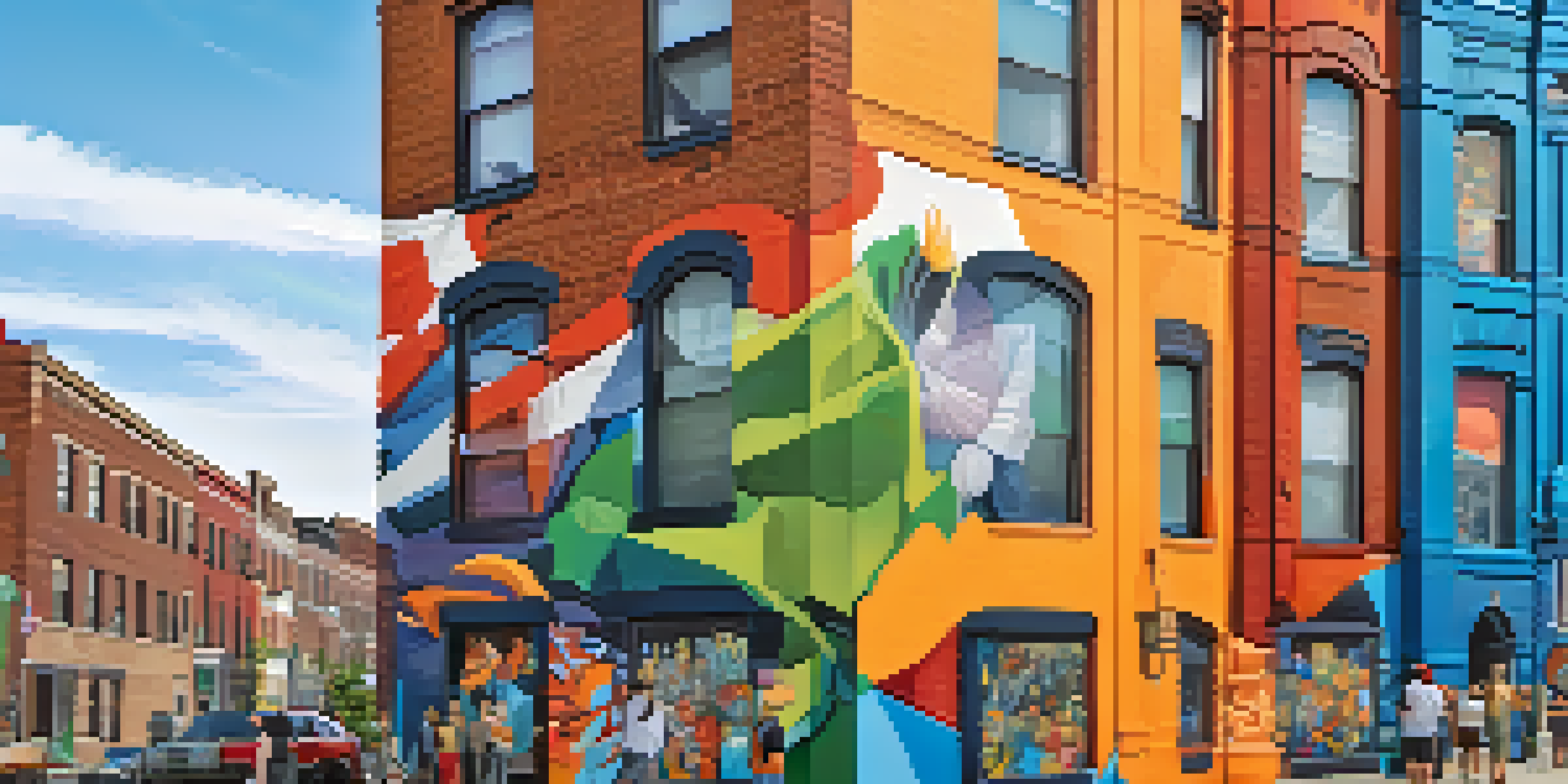 A colorful mural on a building in Buffalo showing local wildlife and abstract designs, with people enjoying the artwork under a clear blue sky.