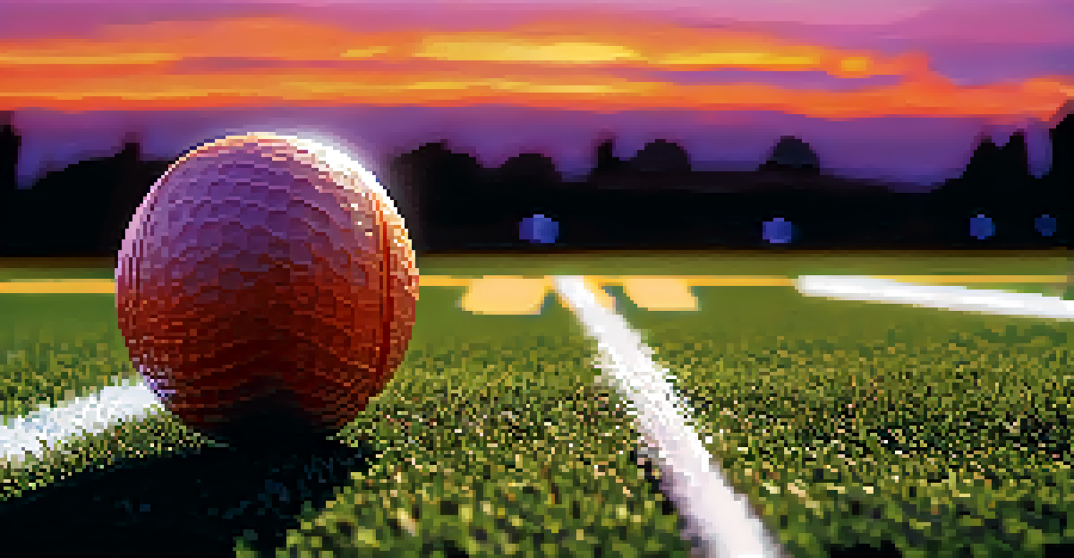A close-up of a lacrosse ball and stick on a field during sunset, with players practicing in the background.