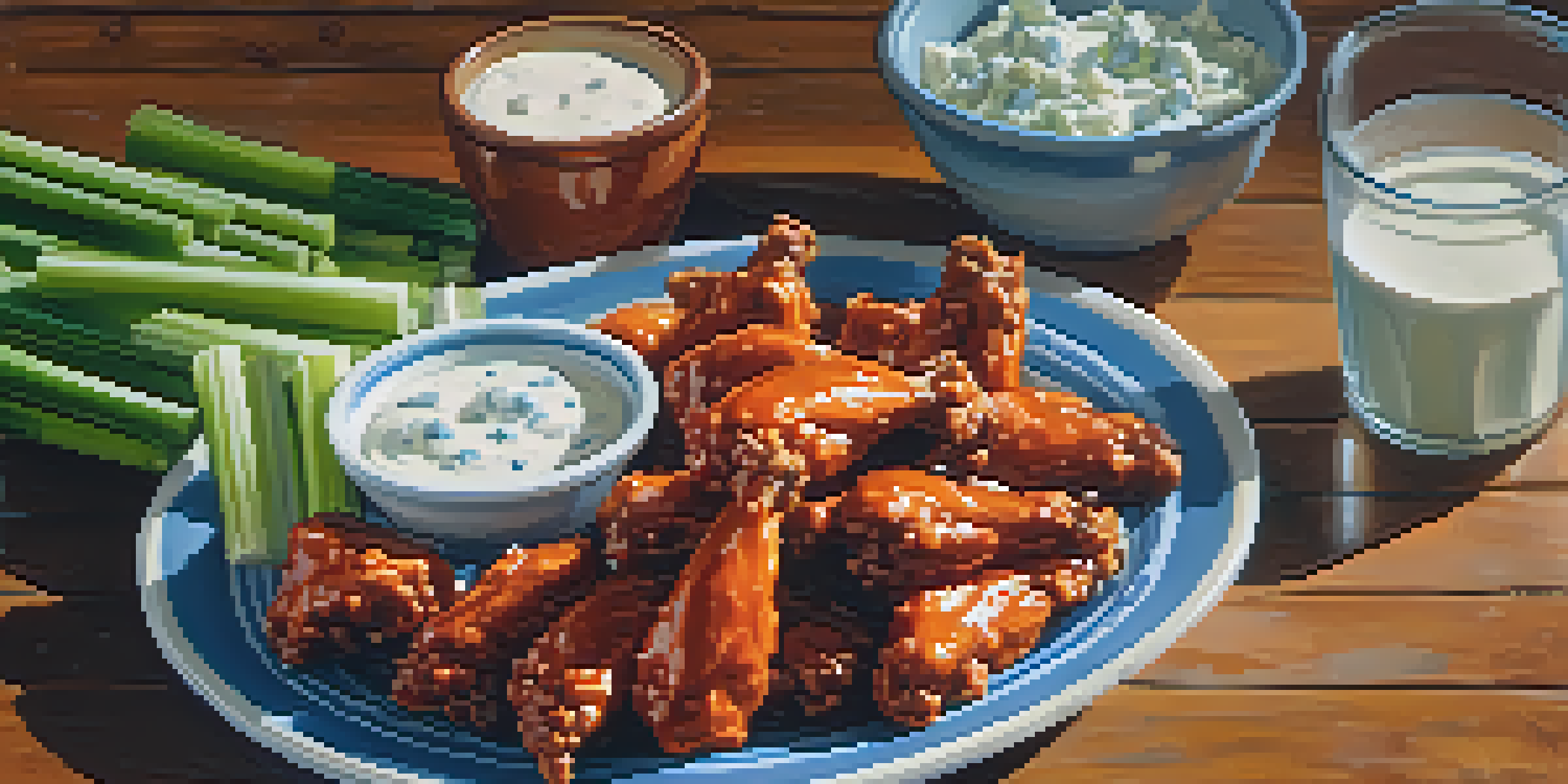 A close-up of a plate filled with spicy Buffalo wings, celery sticks, and blue cheese dressing on a wooden table.