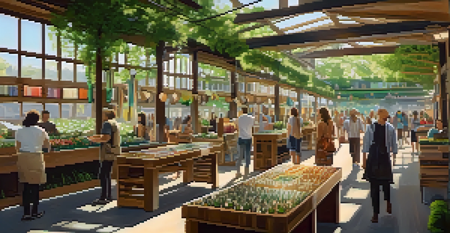 An artisan market in Buffalo featuring handmade jewelry and furniture, with artisans at tables under trees and sunlight shining through.