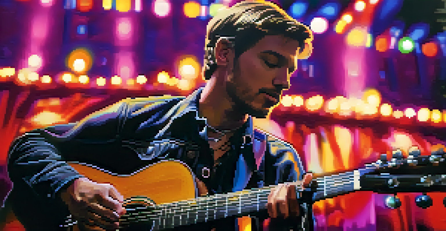 A close-up of a passionate musician playing an acoustic guitar on stage with colorful lights creating a captivating atmosphere.